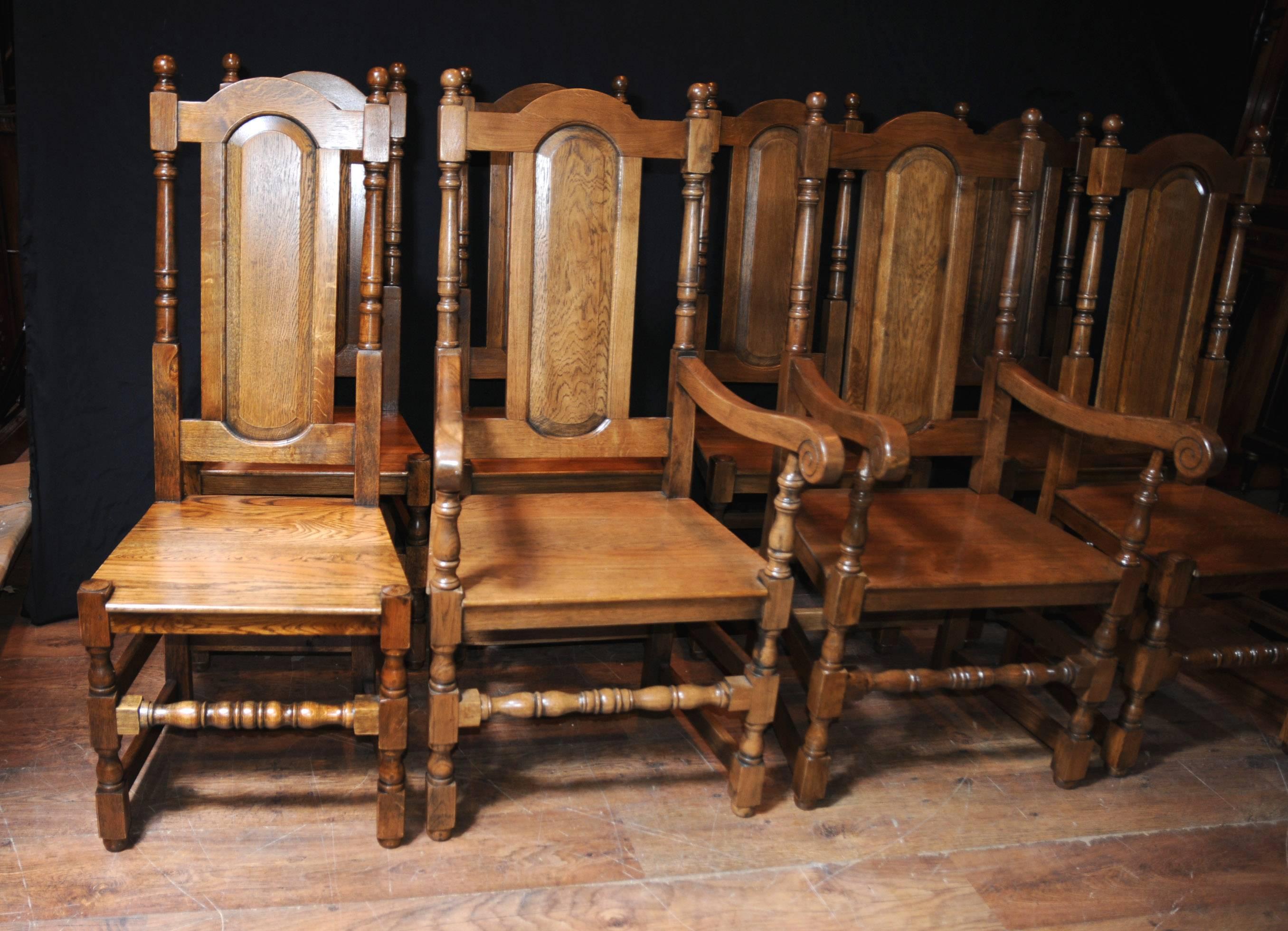 Contemporary Set of Eight English Elizabethan Style Tudor Oak Dining Chairs For Sale