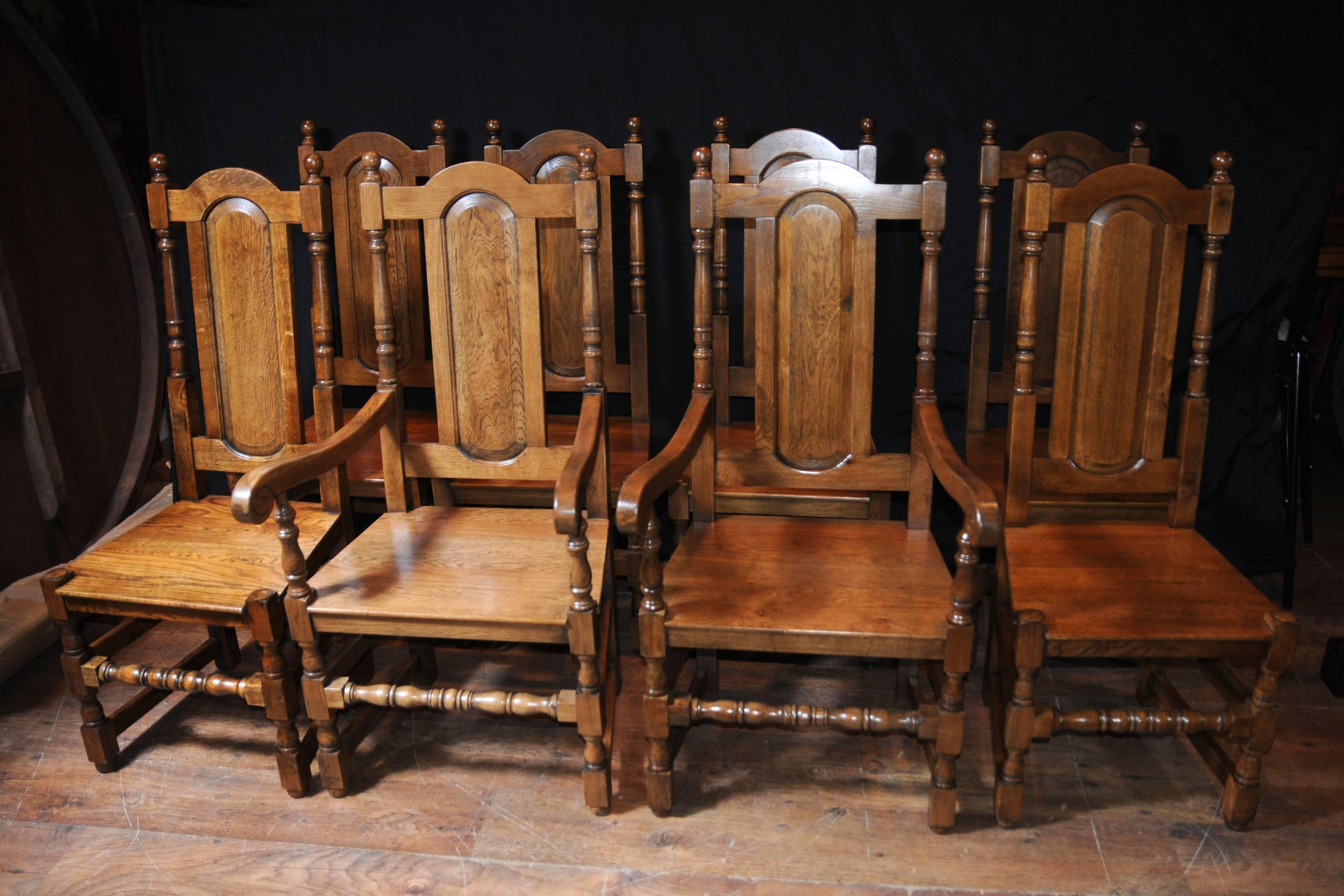 Set of Eight English Elizabethan Style Tudor Oak Dining Chairs For Sale 3