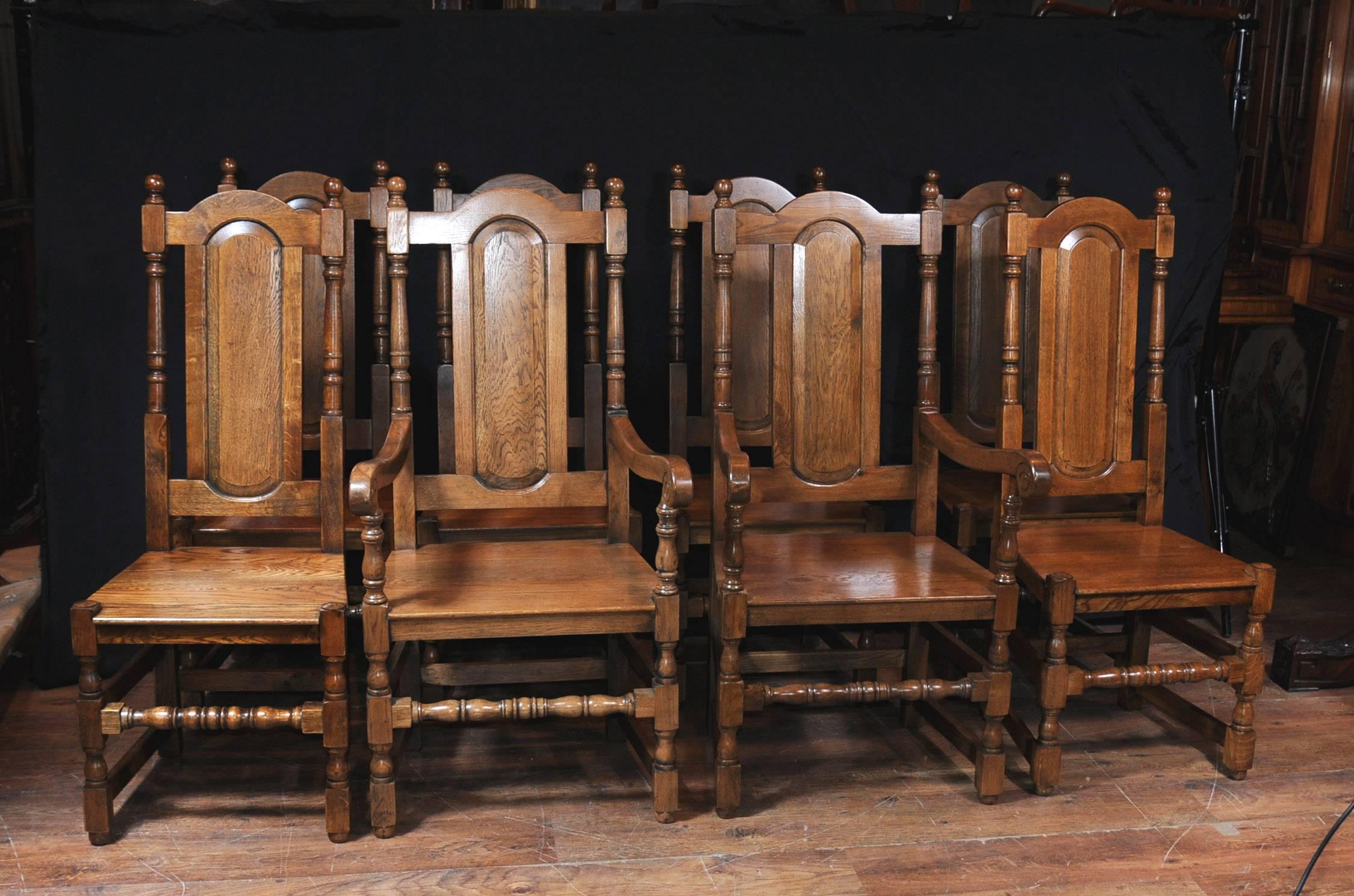 Set of Eight English Elizabethan Style Tudor Oak Dining Chairs For Sale 1