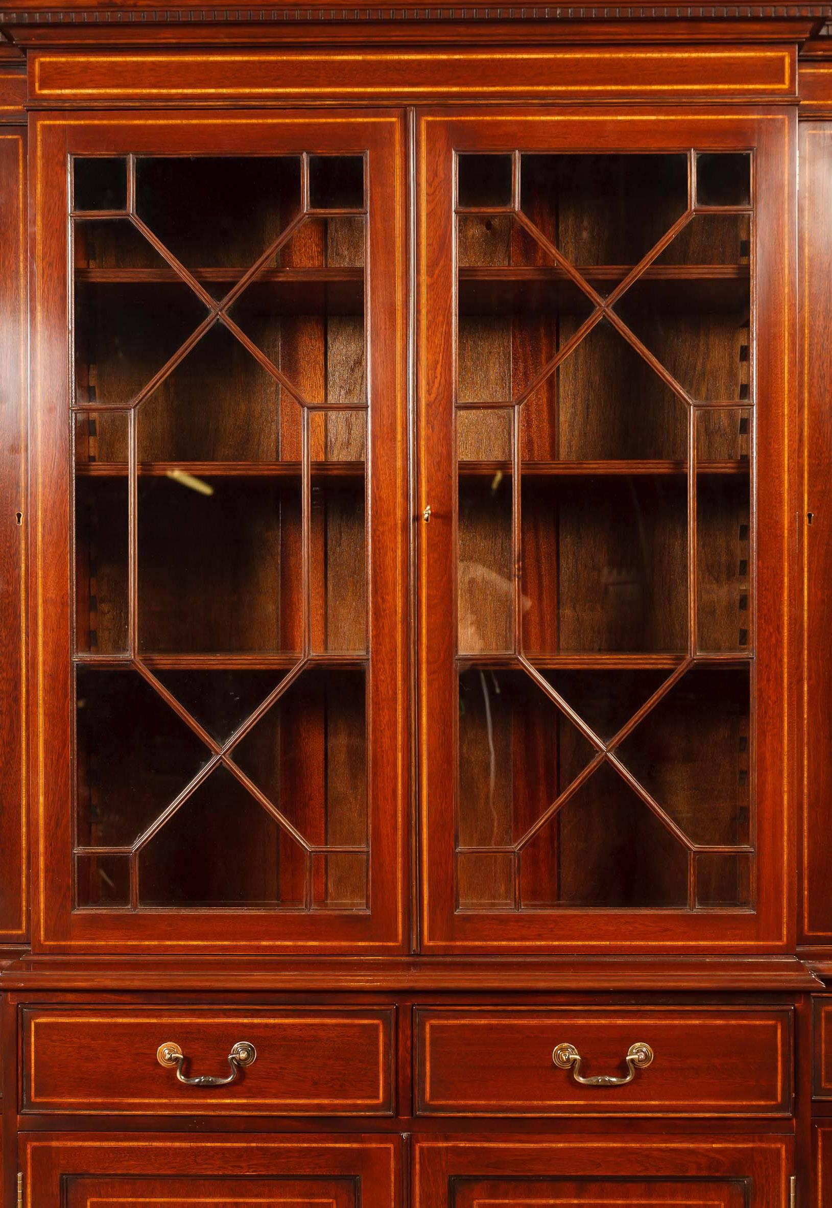 Regency Sheraton Style Breakfront Bookcase Mahogany Inlay For Sale 1