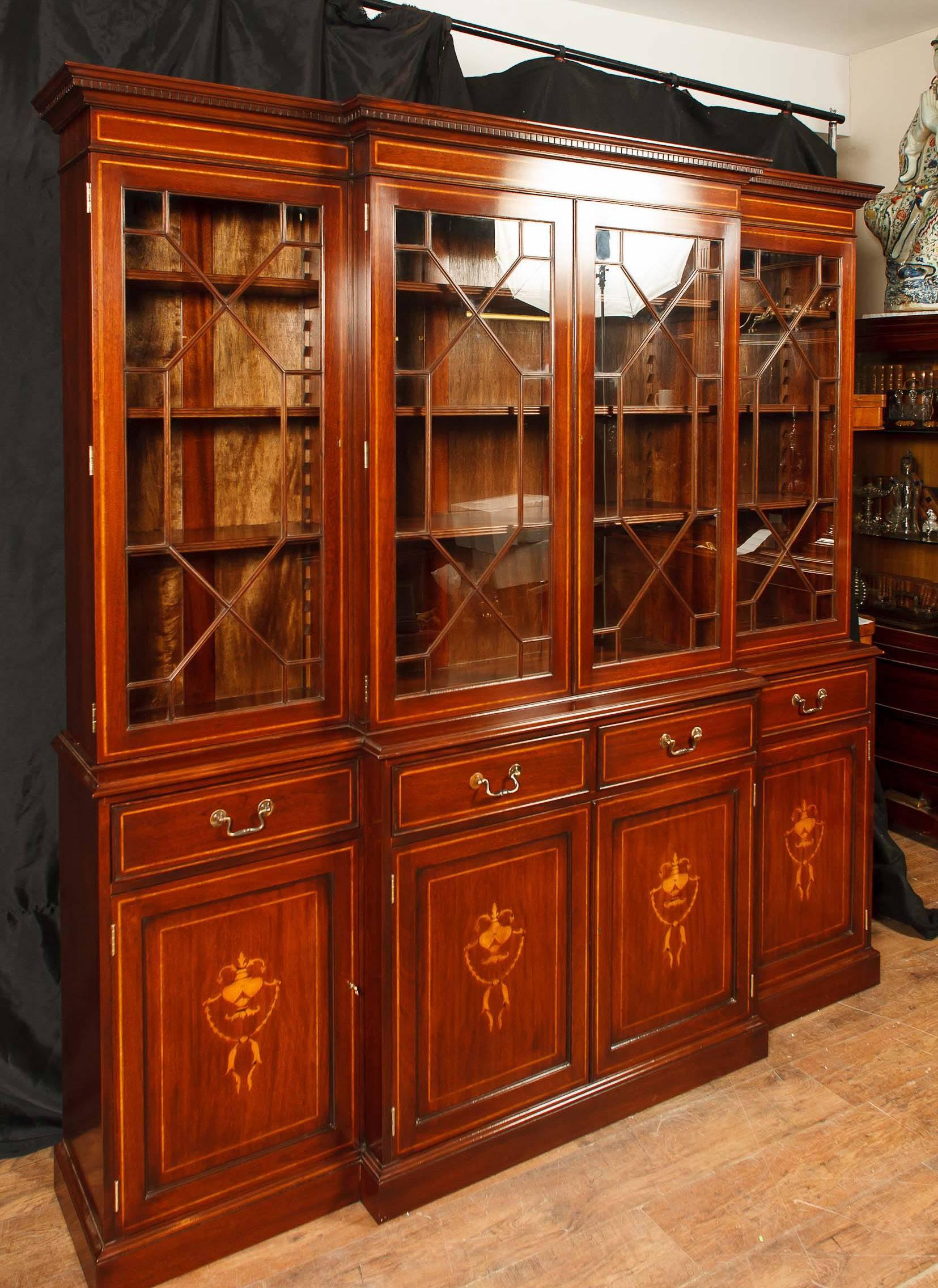 Regency Sheraton Style Breakfront Bookcase Mahogany Inlay For Sale 3