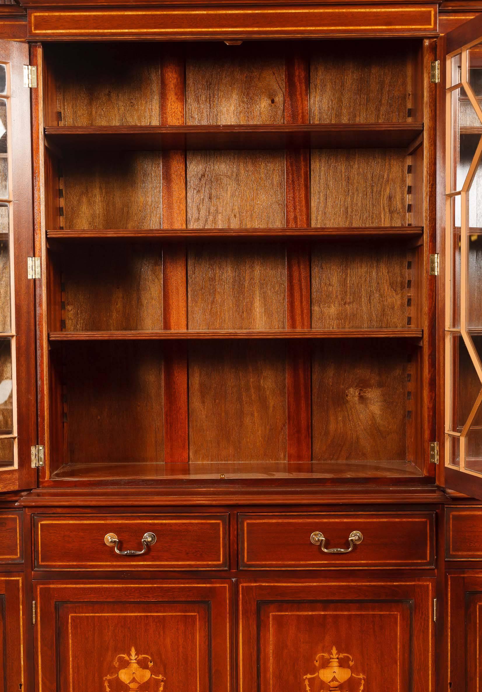 Regency Sheraton Style Breakfront Bookcase Mahogany Inlay For Sale 2