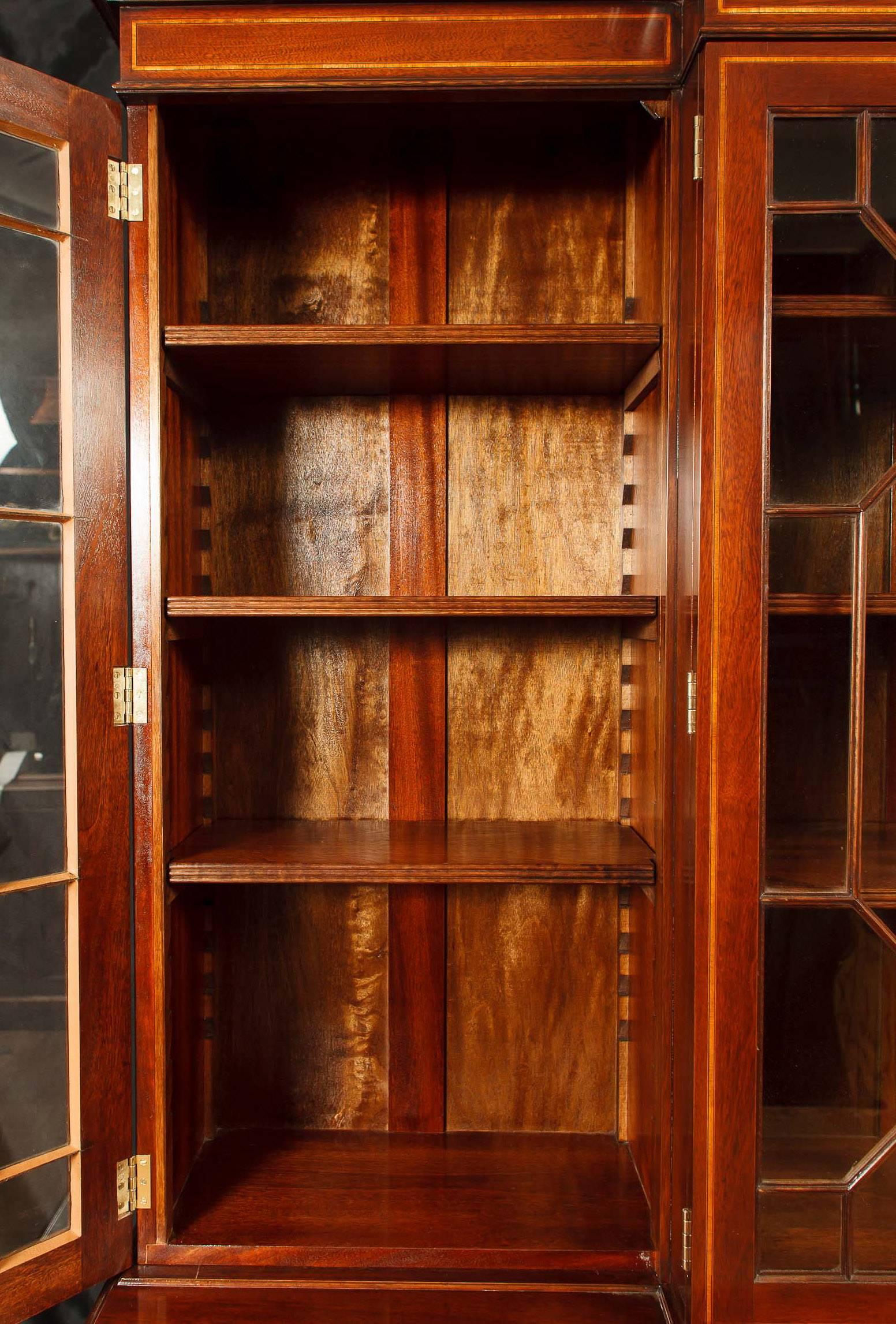 Regency Sheraton Style Breakfront Bookcase Mahogany Inlay For Sale 4