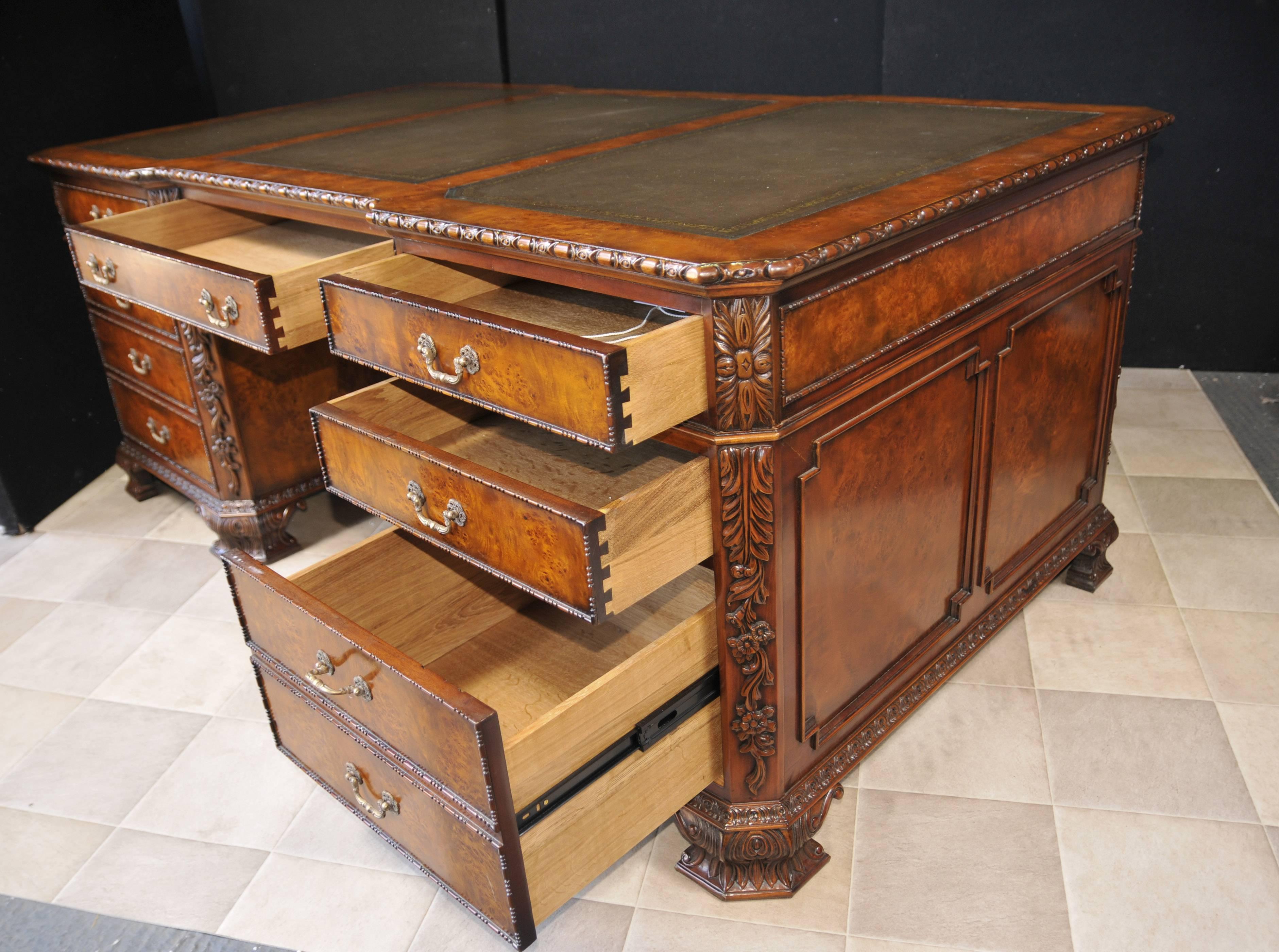 Walnut Regency Style Partnters Desk Walnut Carved Writing Table For Sale 3