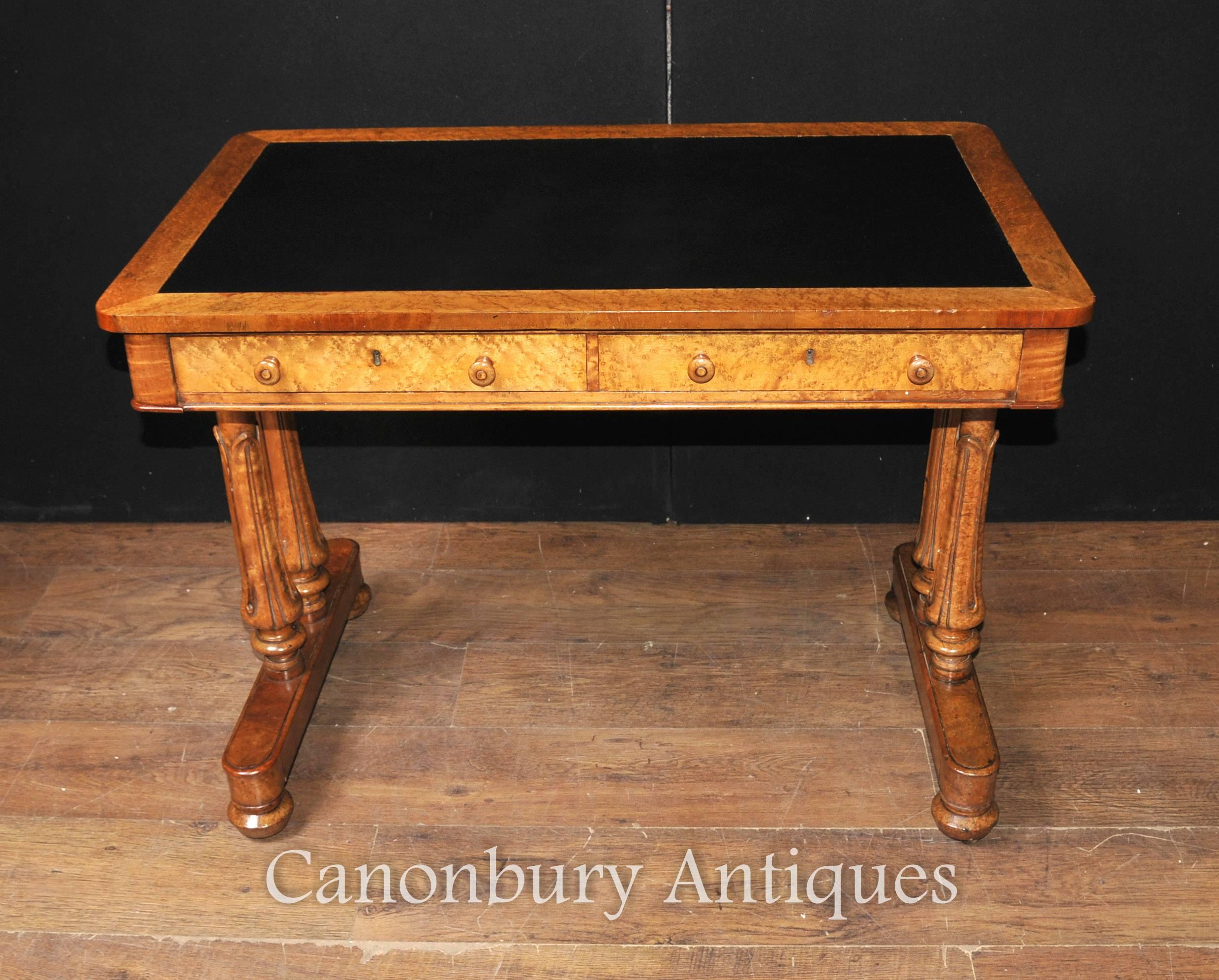 Stunning antique Regency desk or writing table in maple wood.
We date this to, circa 1830 and it really is a fine specimen.
Very elegant, just look at those tulip legs.
Two drawers to the front so ample storage.
Purchased from a dealer on