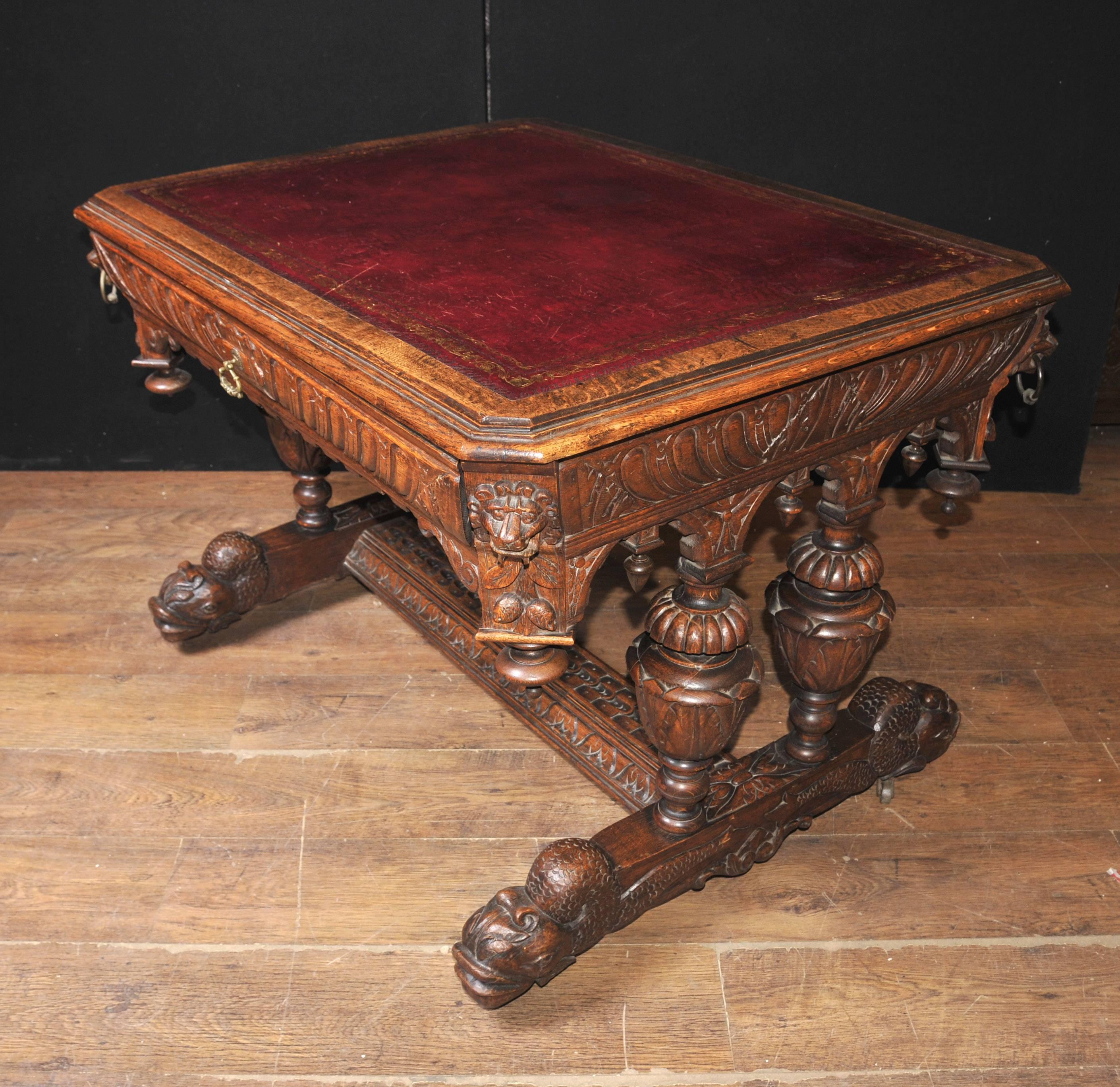 Antique 19th Century Carved Oak Library Table Desk Writing Table For Sale 1