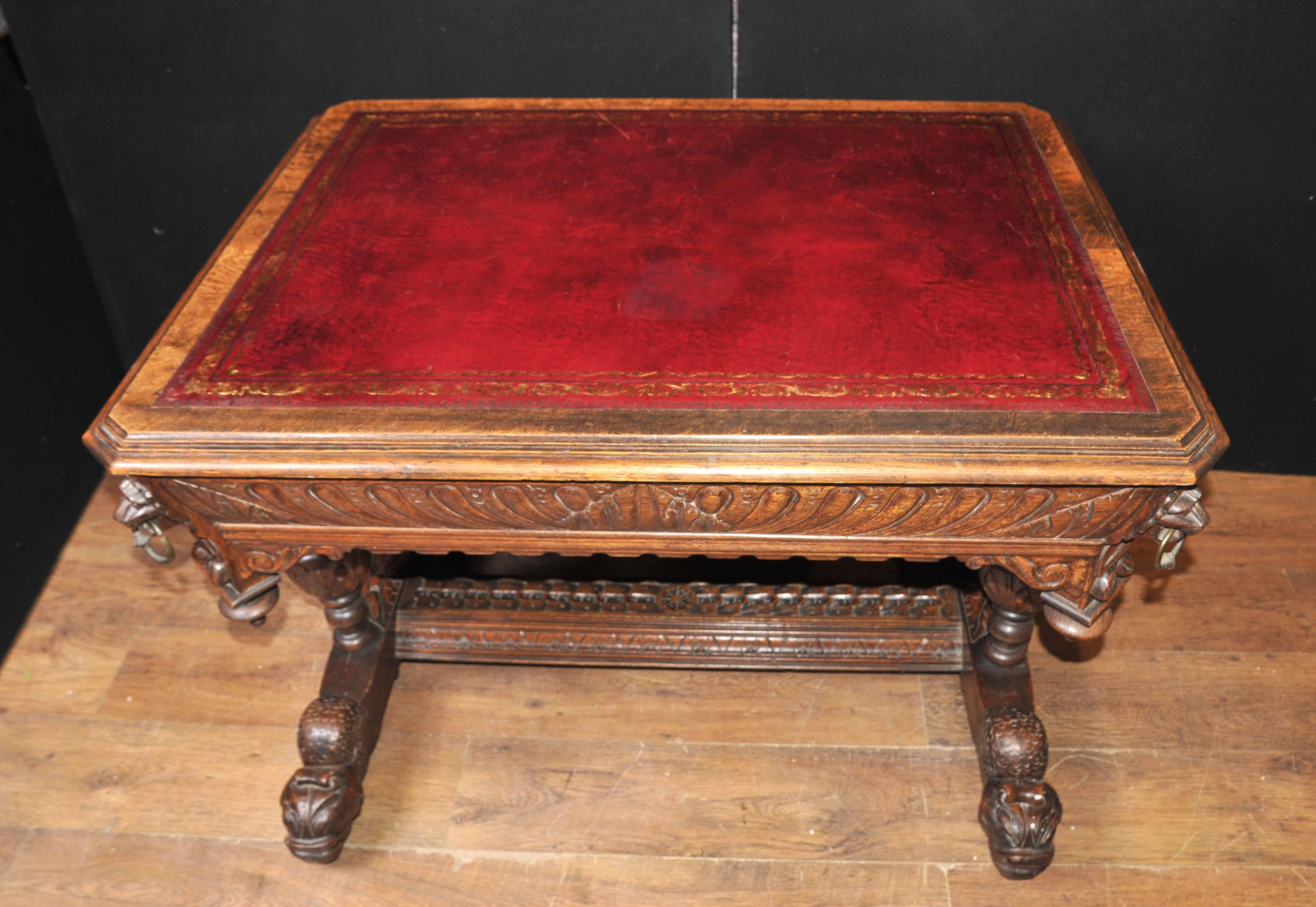 Antique 19th Century Carved Oak Library Table Desk Writing Table For Sale 2