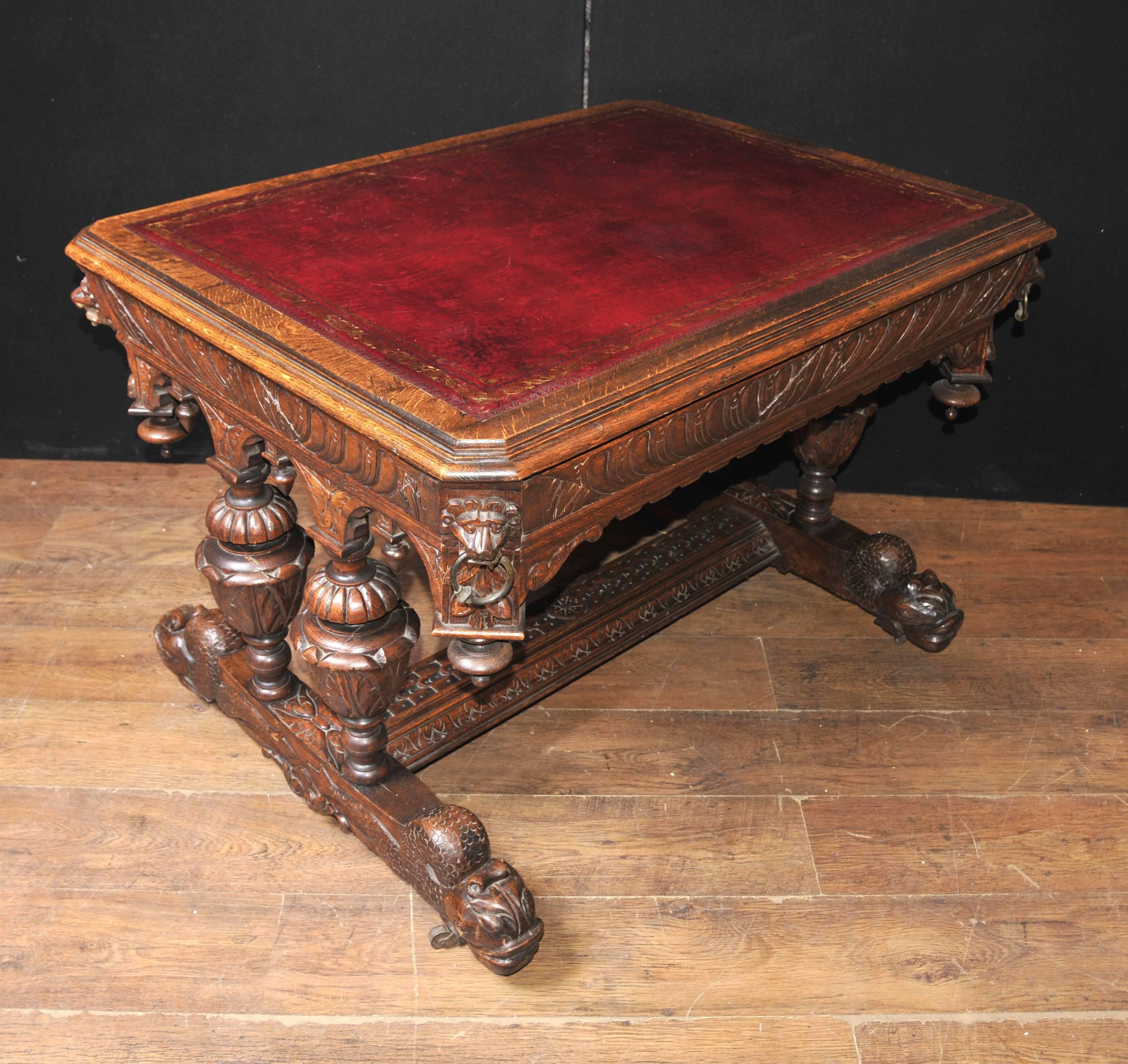 Antique 19th Century Carved Oak Library Table Desk Writing Table For Sale 3
