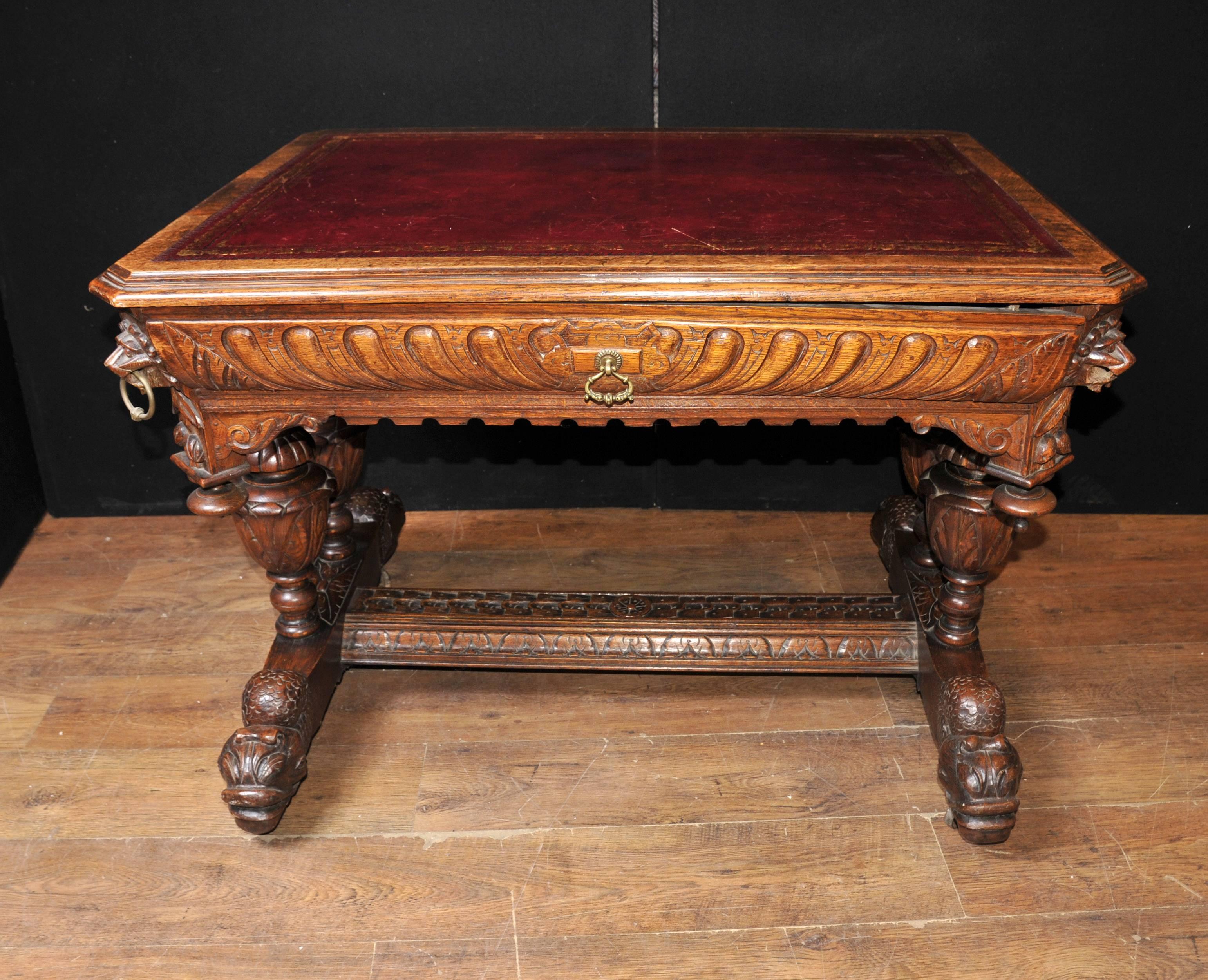 Antique 19th Century Carved Oak Library Table Desk Writing Table For Sale 4