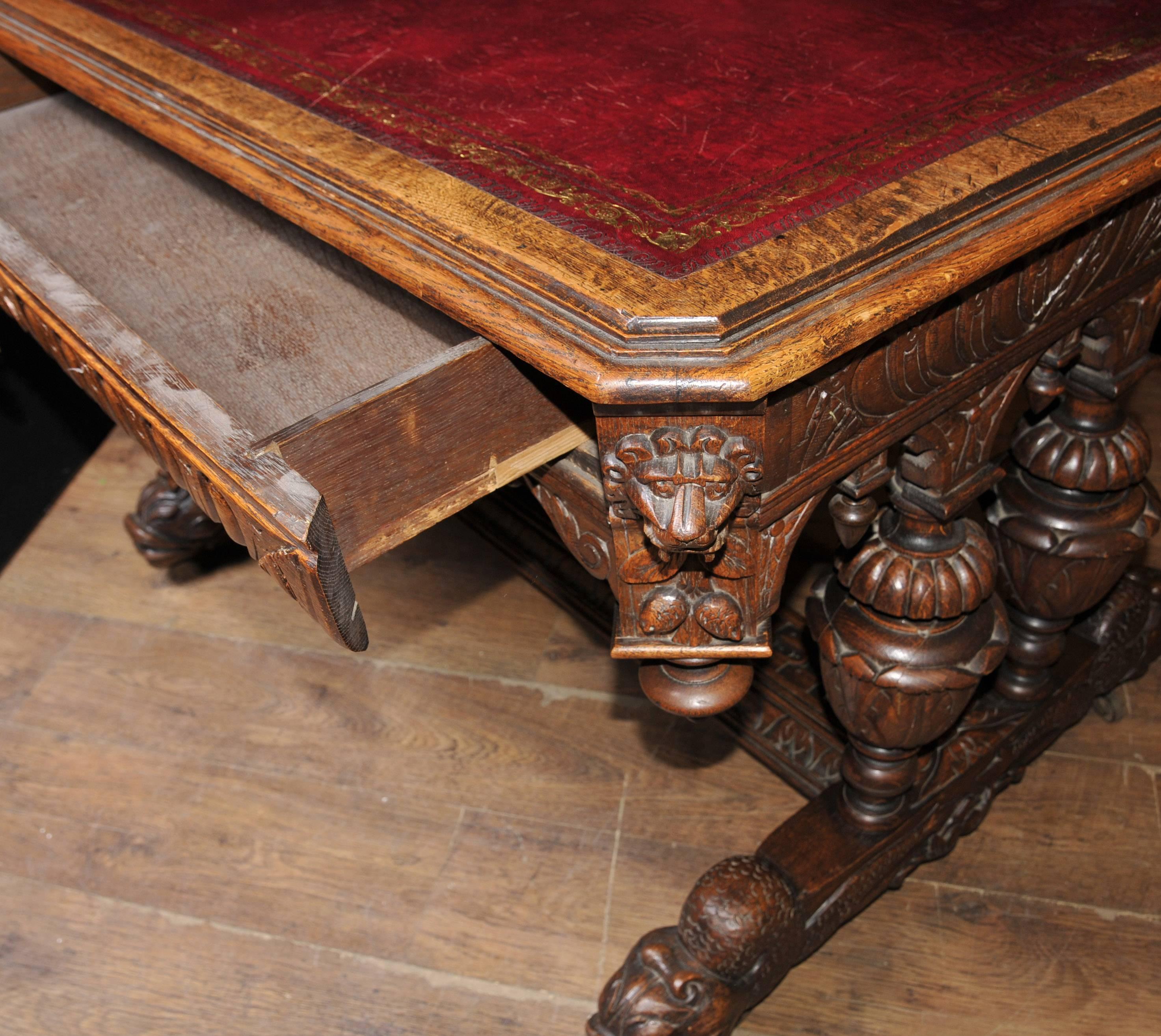 Antique 19th Century Carved Oak Library Table Desk Writing Table For Sale 5