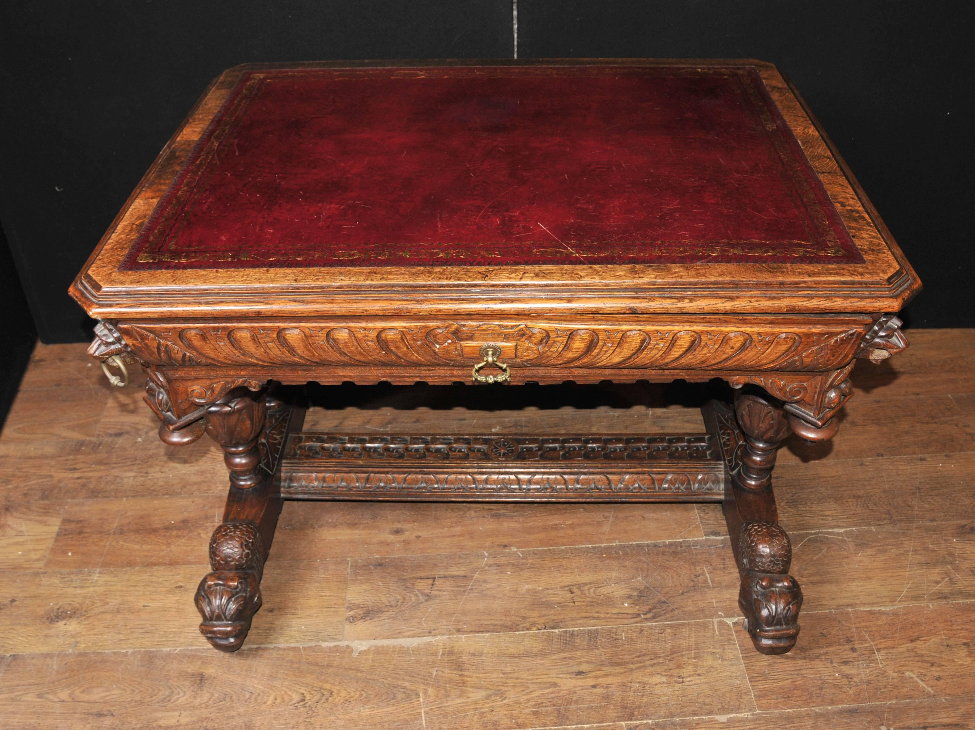 Antique 19th Century Carved Oak Library Table Desk Writing Table For Sale 6
