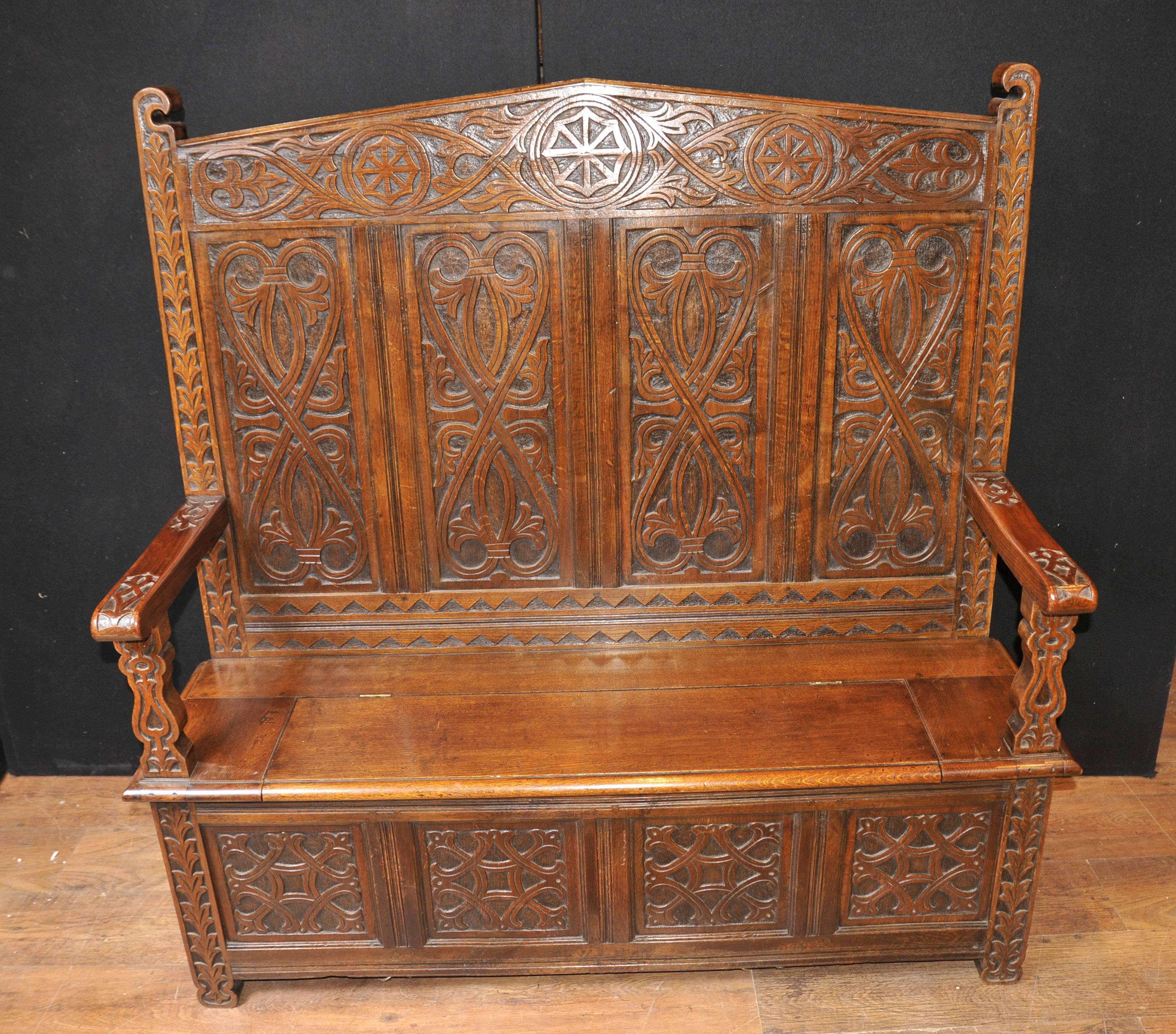 Antique 19th Century Celtic Monks Bench Settle Seat Carved Oak 1