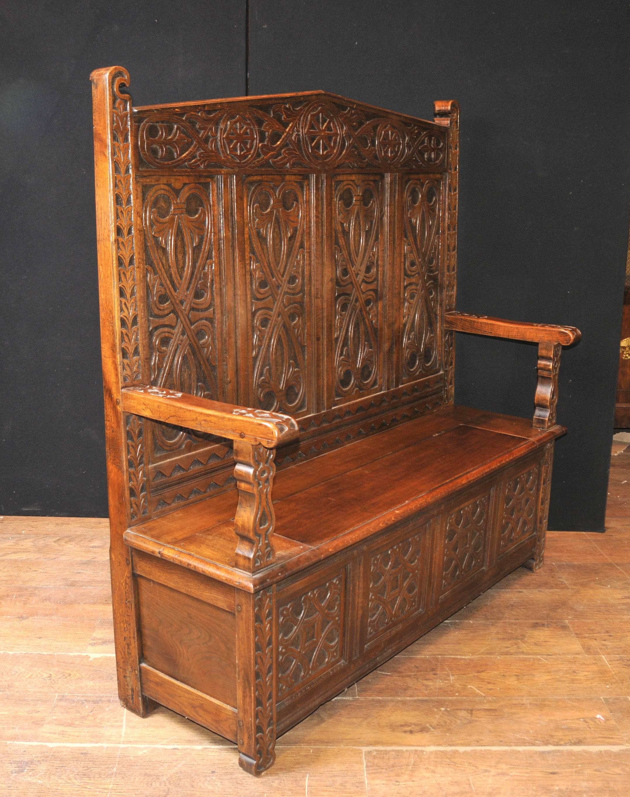 Mid-19th Century Antique 19th Century Celtic Monks Bench Settle Seat Carved Oak