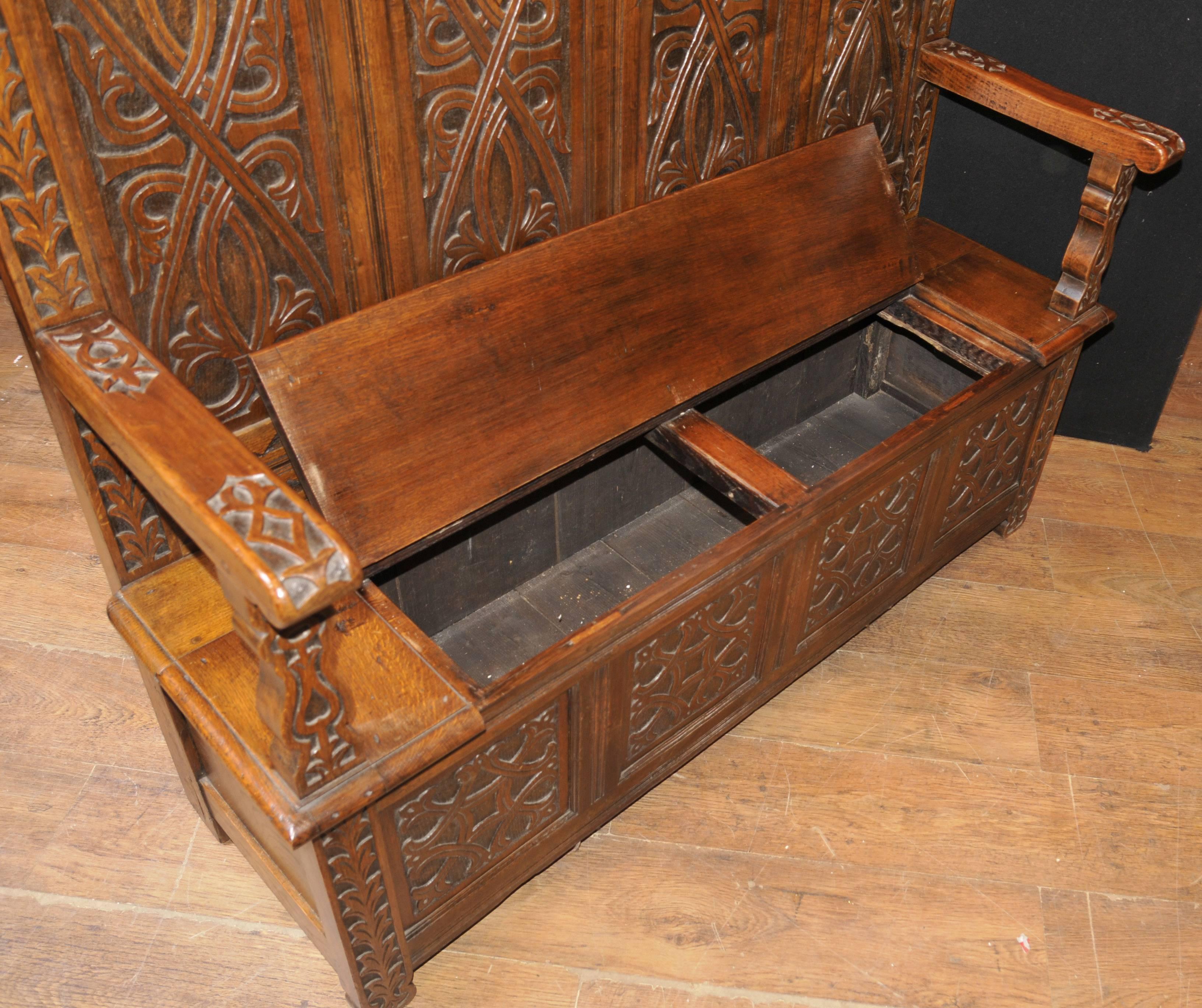 Antique 19th Century Celtic Monks Bench Settle Seat Carved Oak 2