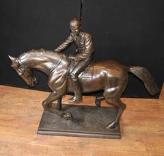 Large Antique French Bronze Horse and Jockey Statue Signed