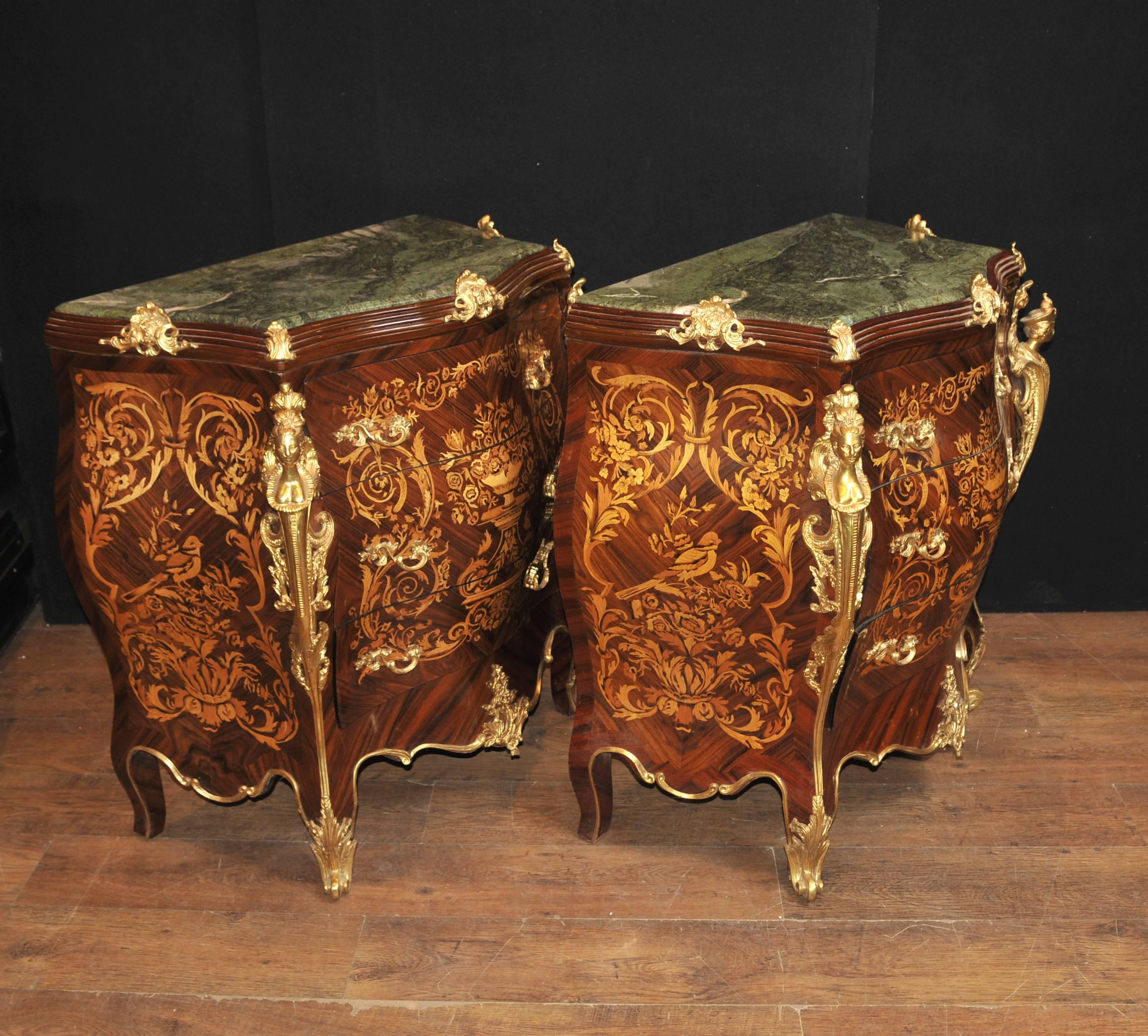 Late 20th Century Pair of Louis XVI Bombe Commodes Chests of Drawers Marquetry Inlay