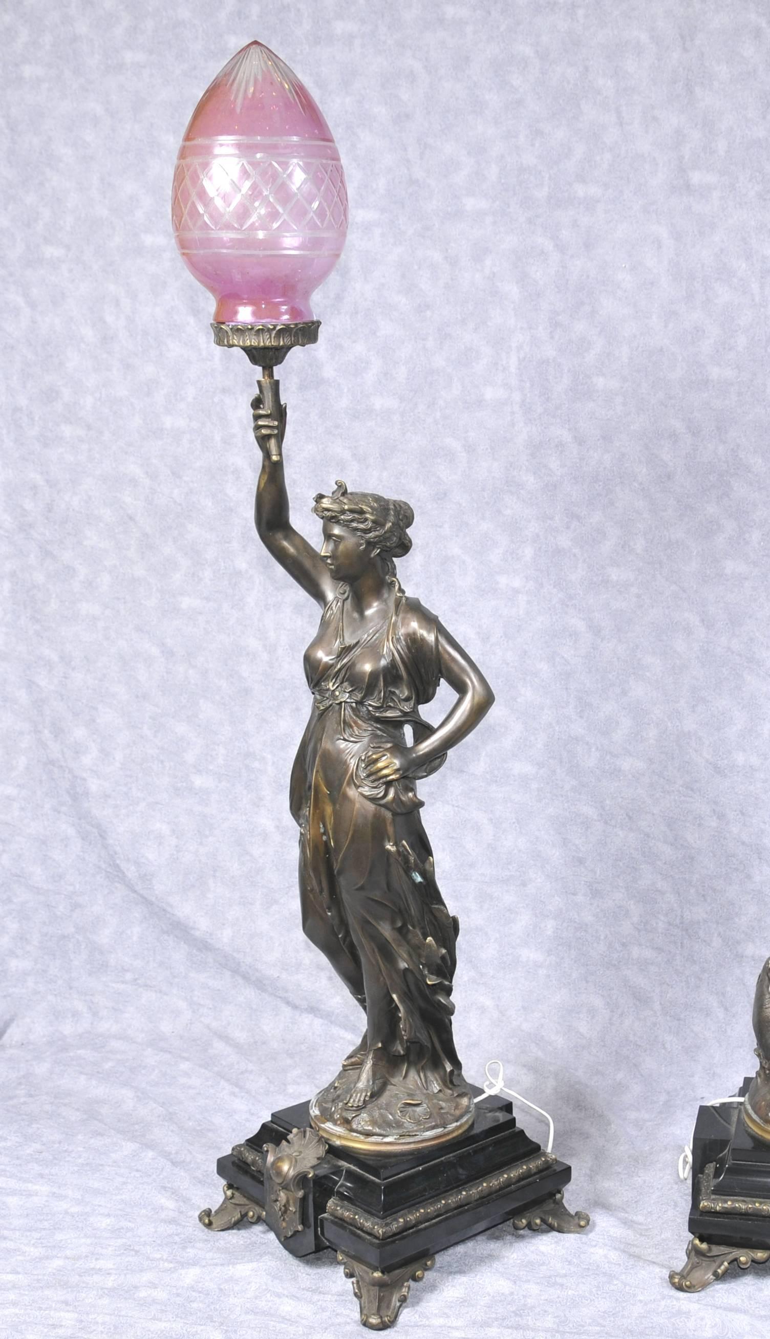 Pair of Bronze Lights, Signed Gregoire Statue Liberty Torcheres For Sale 2