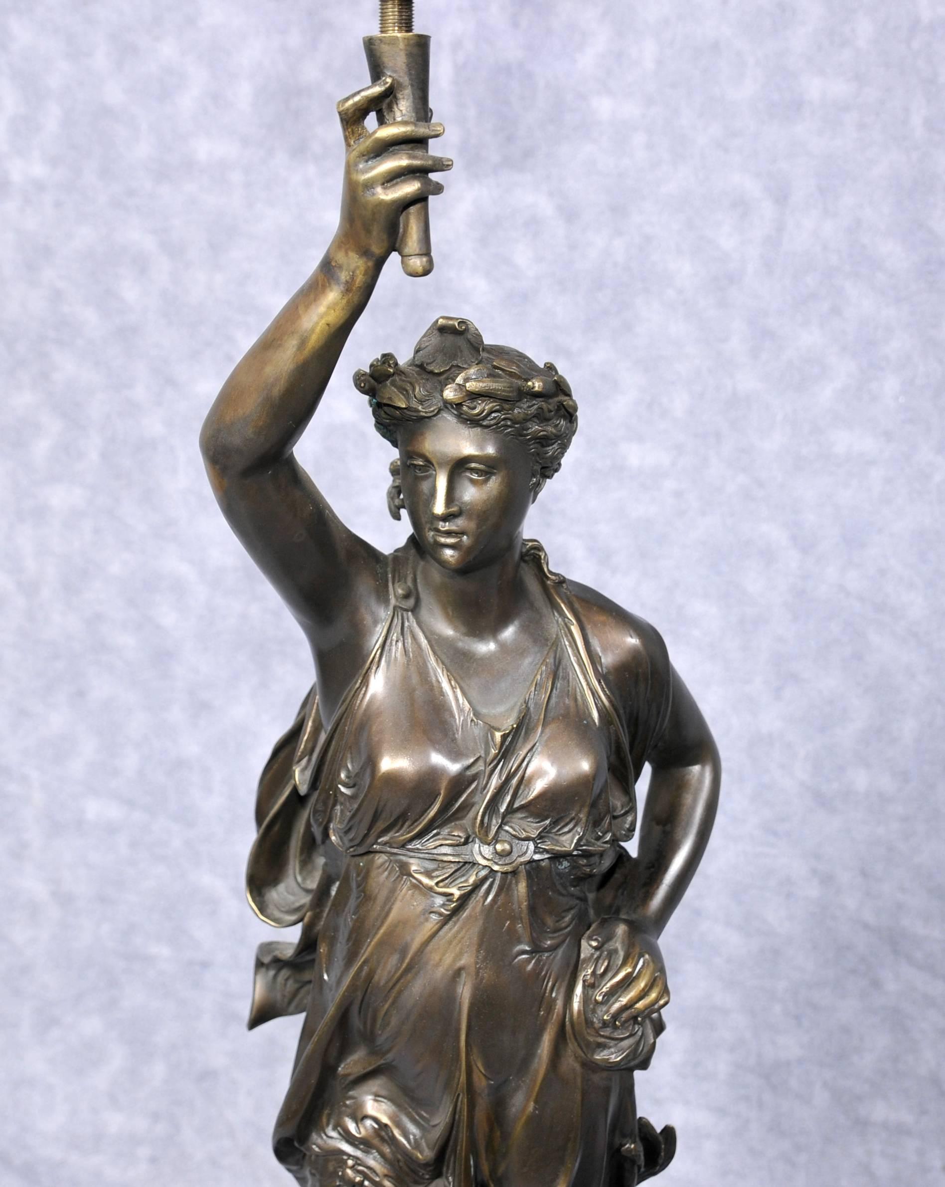 Pair of Bronze Lights, Signed Gregoire Statue Liberty Torcheres For Sale 1