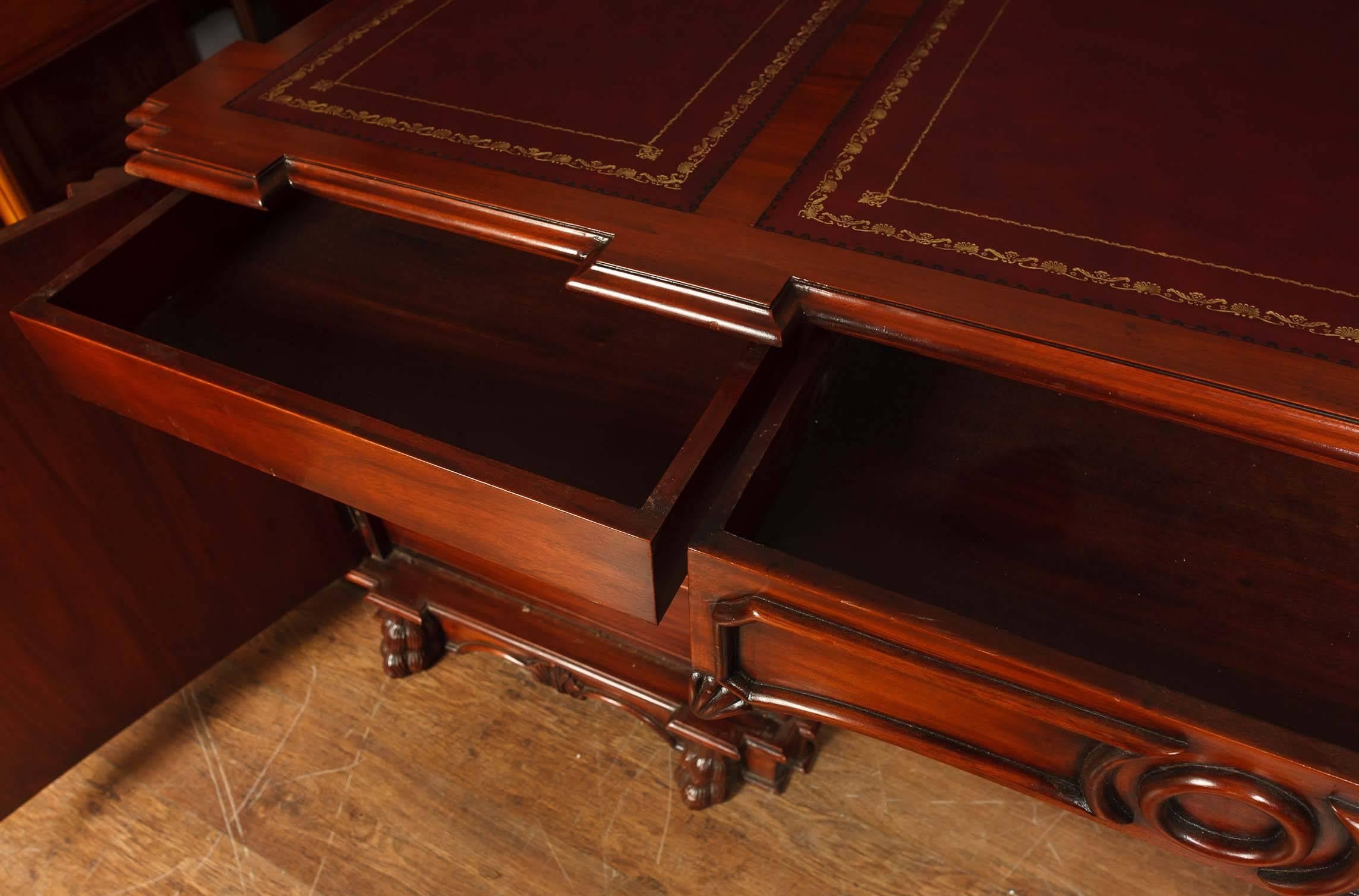 Come view this in our Canonbury Antiques showroom just north of London in Potters Bar, Herts.
Stunning hand-carved Chippendale style partners desk in mahogany.
This desk is based on the original as found in Nostell Priory in West