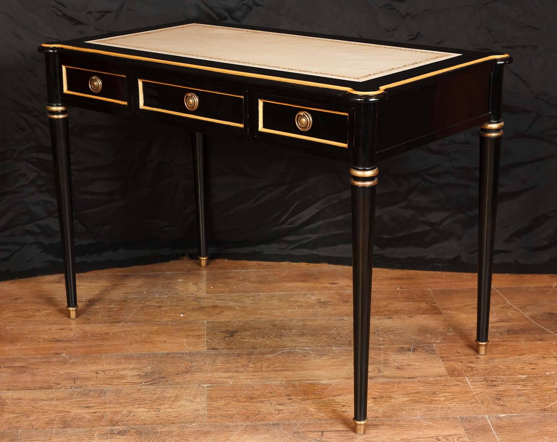 Come view this in our Canonbury antiques showroom just north of London in Potters Bar, Herts.
Stunning Regency style desk with a black lacquer finish - Love this look at the moment, black lacquer seems to be all the rage and for good reason - Black