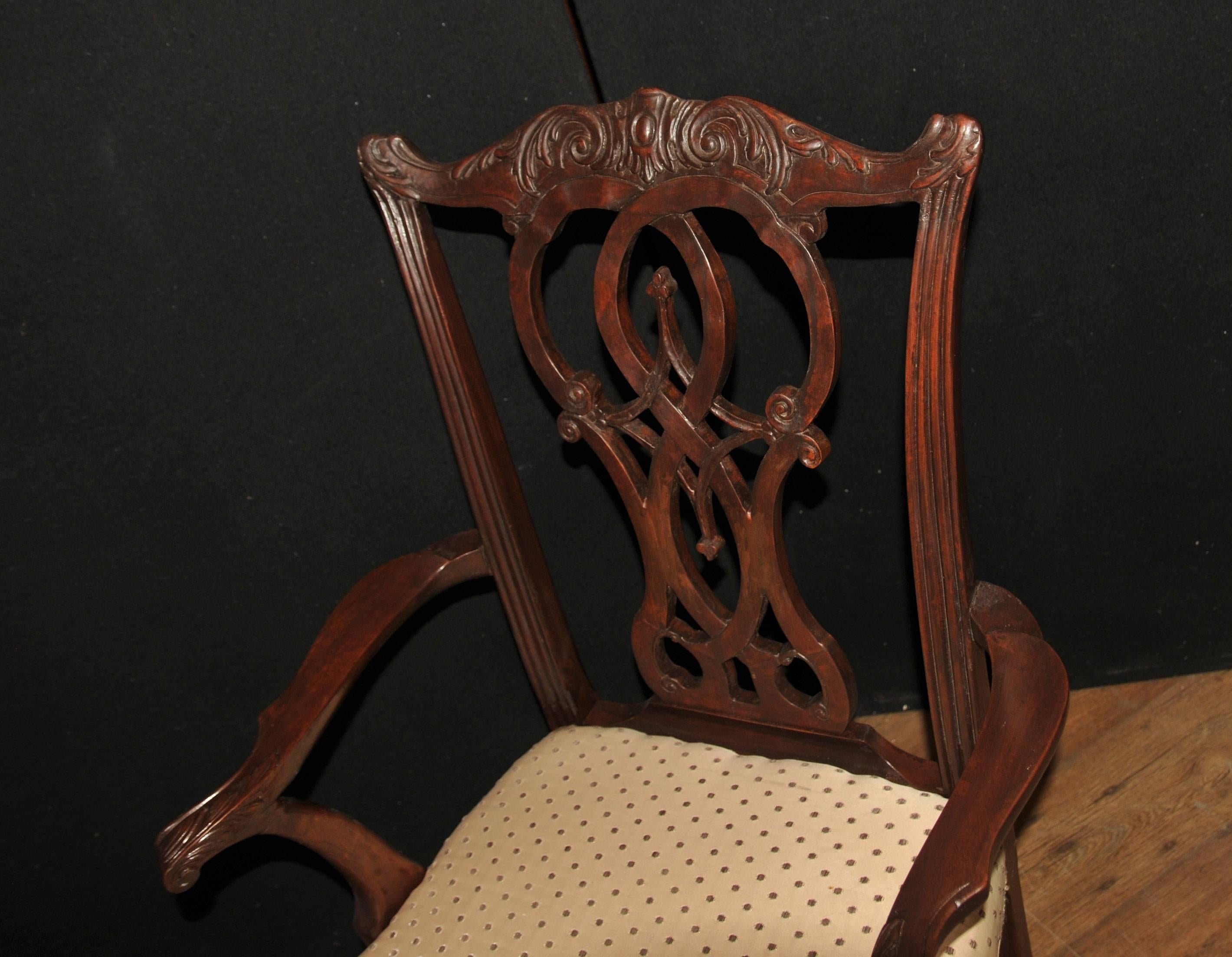 Gorgeous set of English Chippendale style dining chairs.
Set of ten consists of two armchairs and eight side chairs.
What more can be said about the Chippendale chair, an English design Classic?
Very comfortable to sit in solid and sturdy.
We