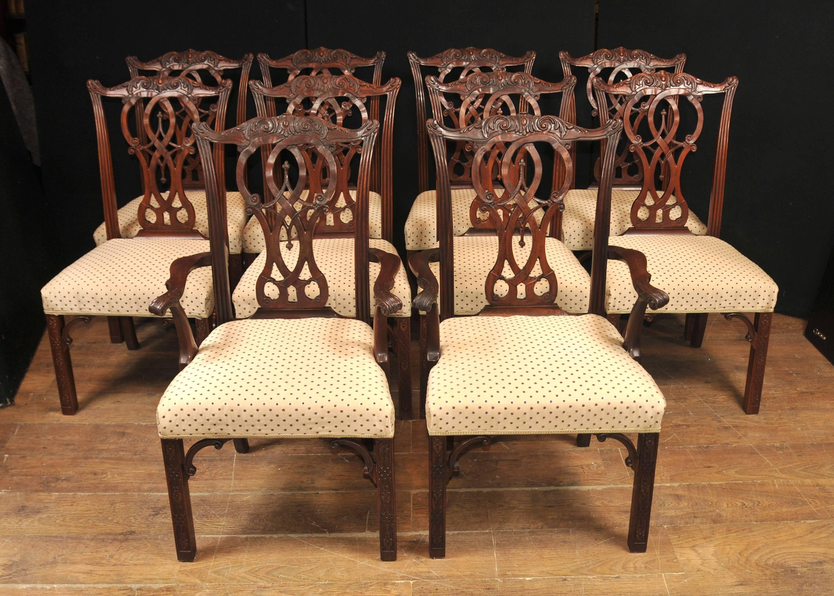 Set Ten Mahogany Chippendale Style Dining Chairs English Furniture For Sale 1