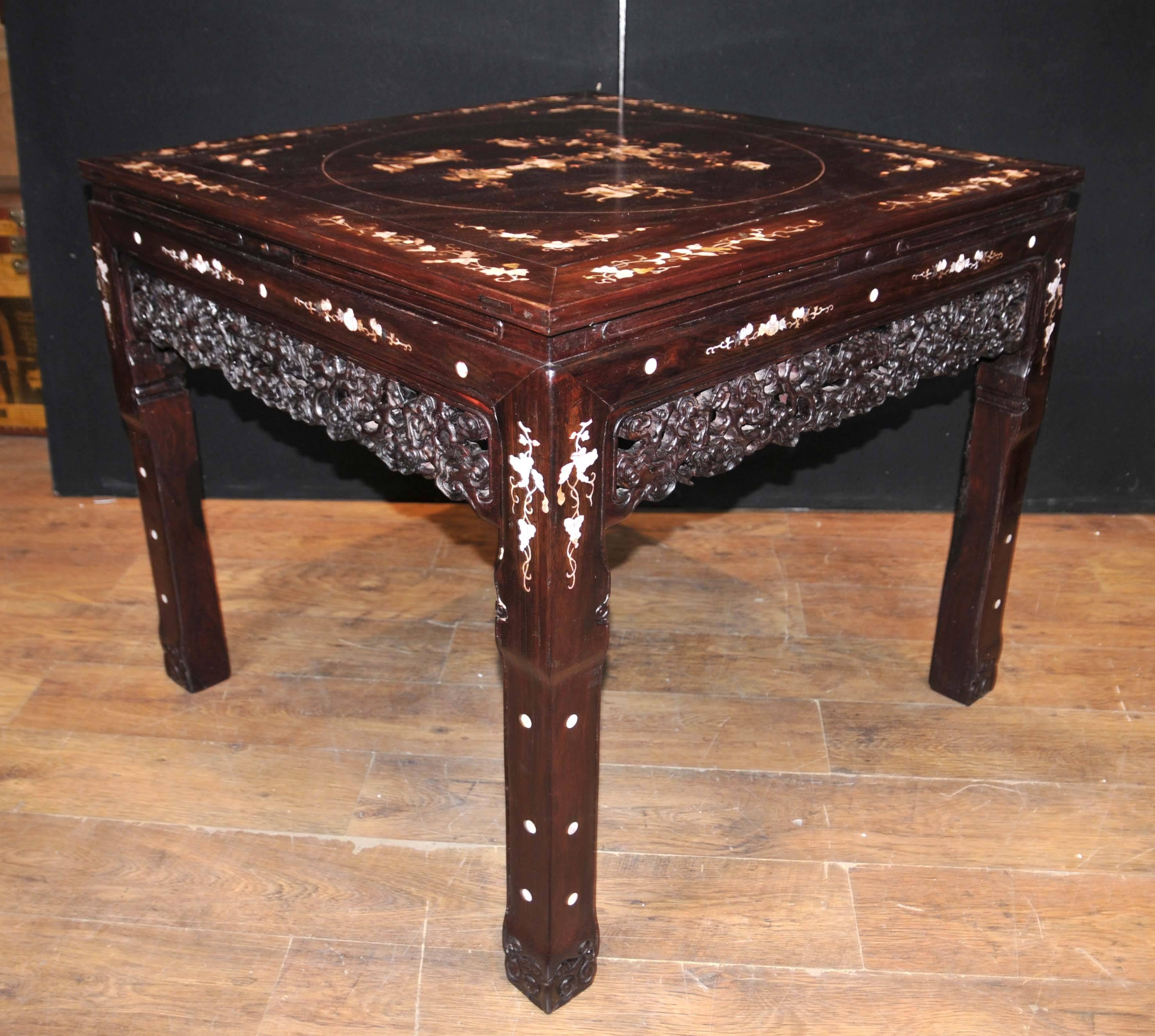 Chinese Export Chinese Antique Hardwood Table and Stool Dining Set Mother-of-Pearl Inlay