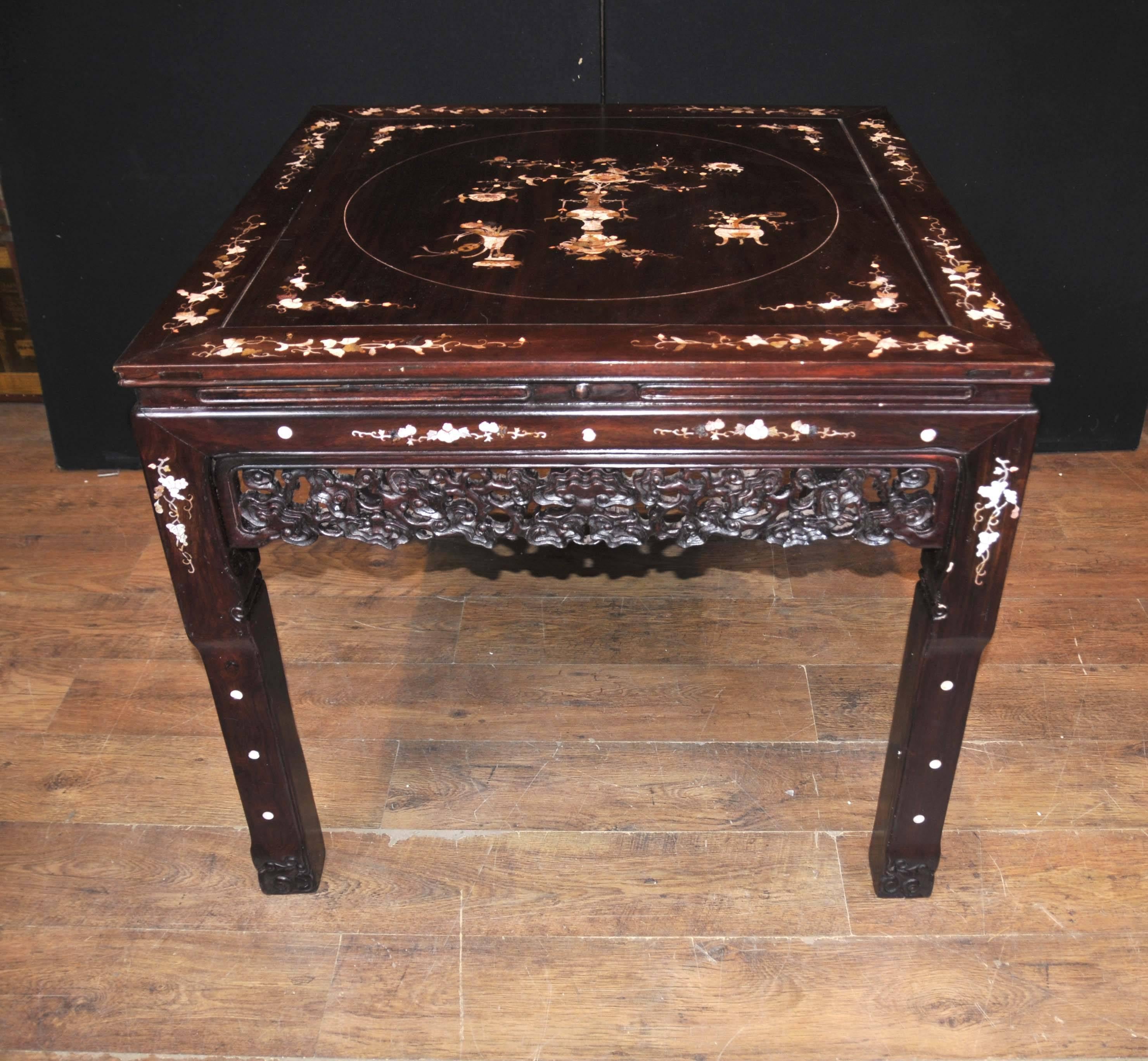 Chinese Antique Hardwood Table and Stool Dining Set Mother-of-Pearl Inlay In Good Condition In Potters Bar, Herts