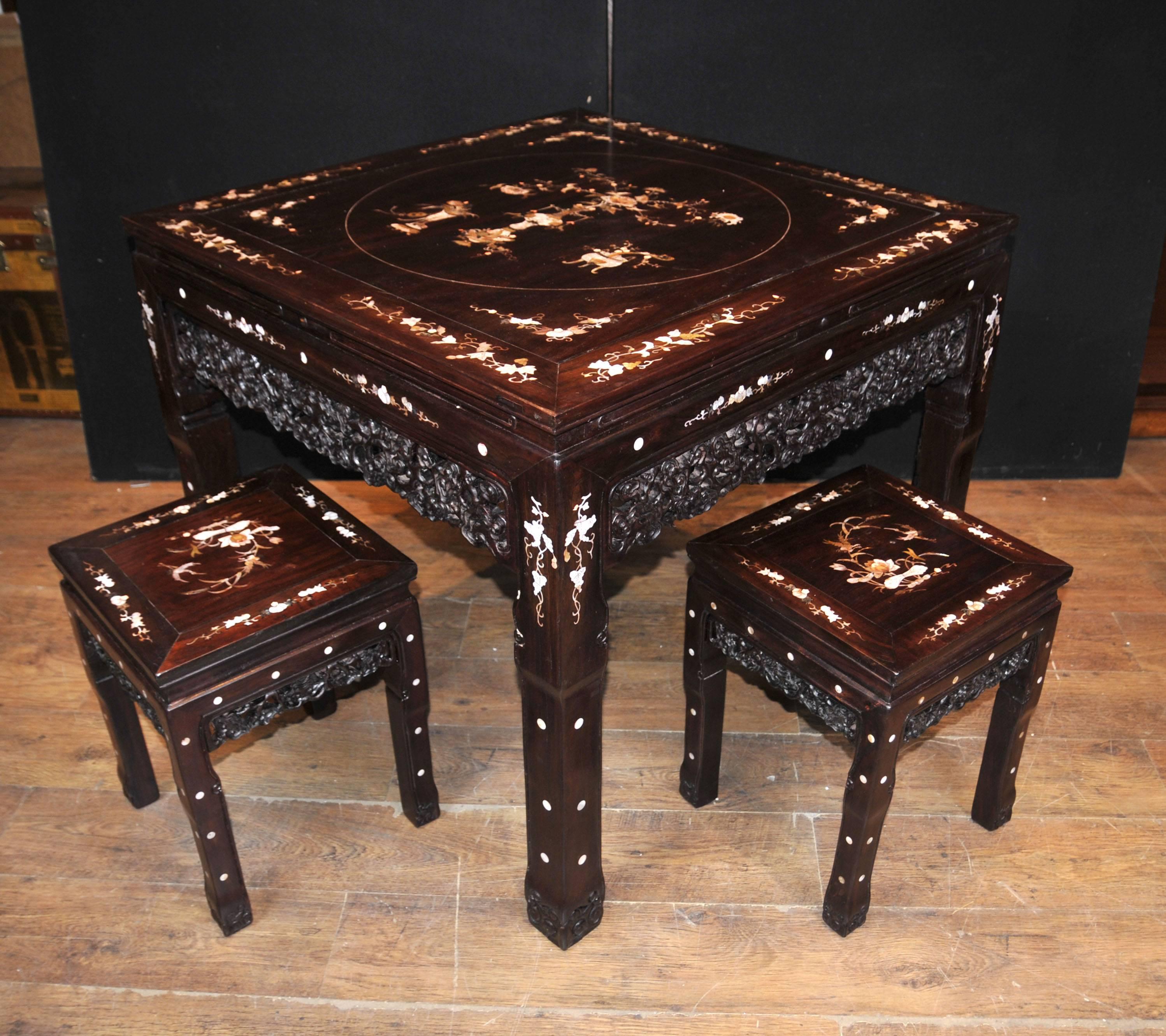 Chinese Antique Hardwood Table and Stool Dining Set Mother-of-Pearl Inlay 1