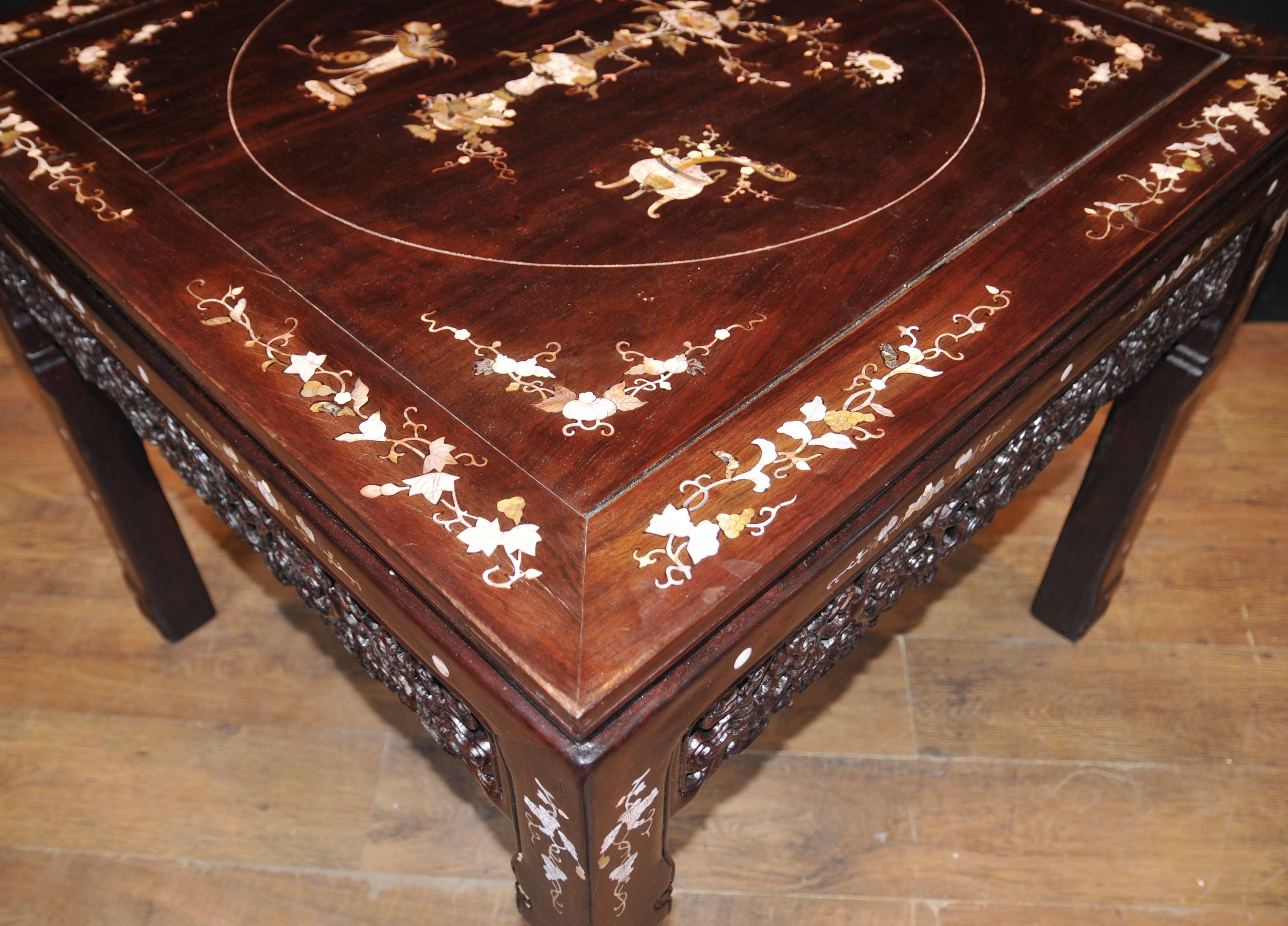 Early 20th Century Chinese Antique Hardwood Table and Stool Dining Set Mother-of-Pearl Inlay