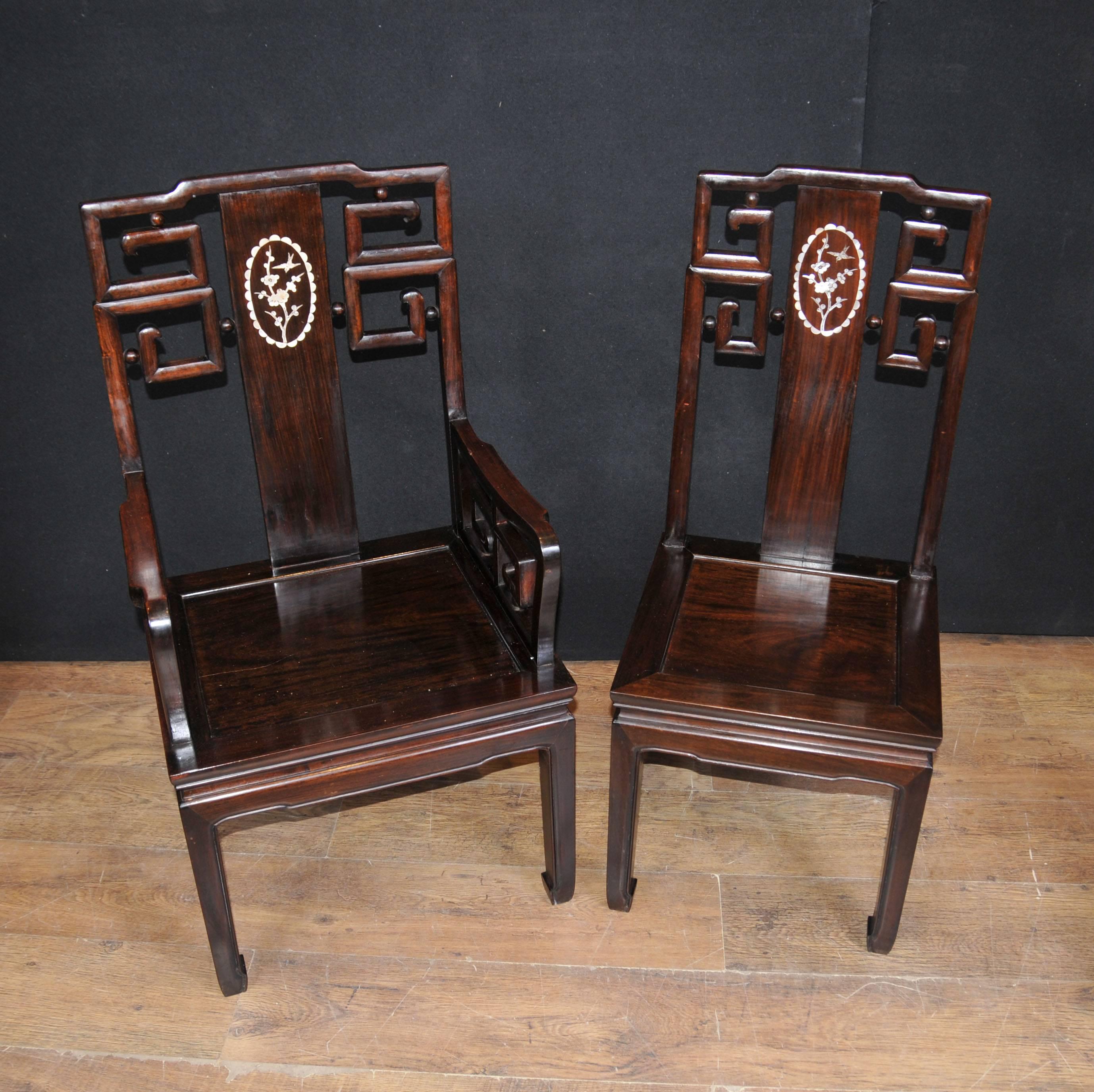 Early 20th Century Antique Chinese Hardwood Dining Set Table and Eight Chairs Mother-of-Pearl Inlay