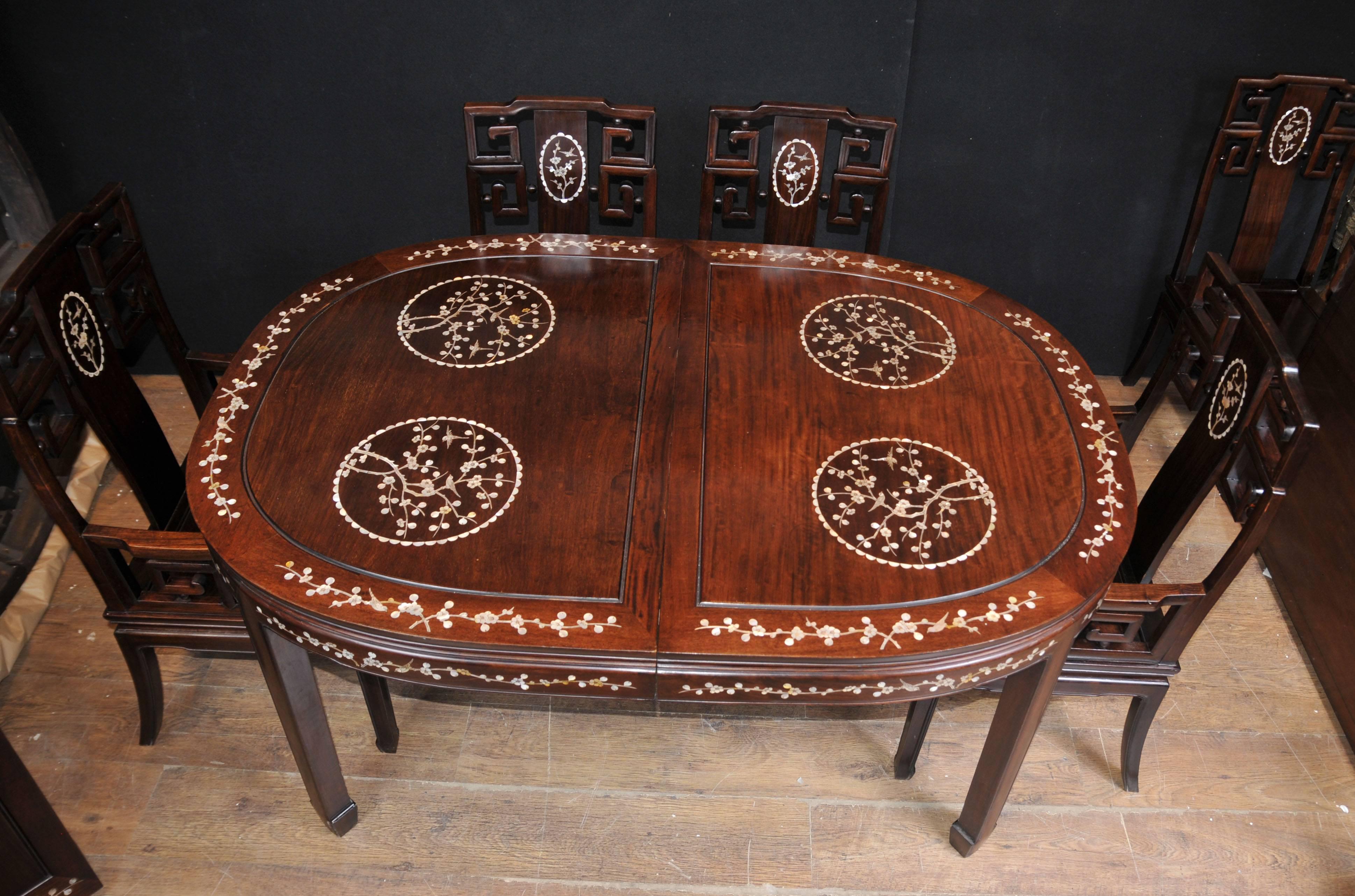 Antique Chinese Hardwood Dining Set Table and Eight Chairs Mother-of-Pearl Inlay 1