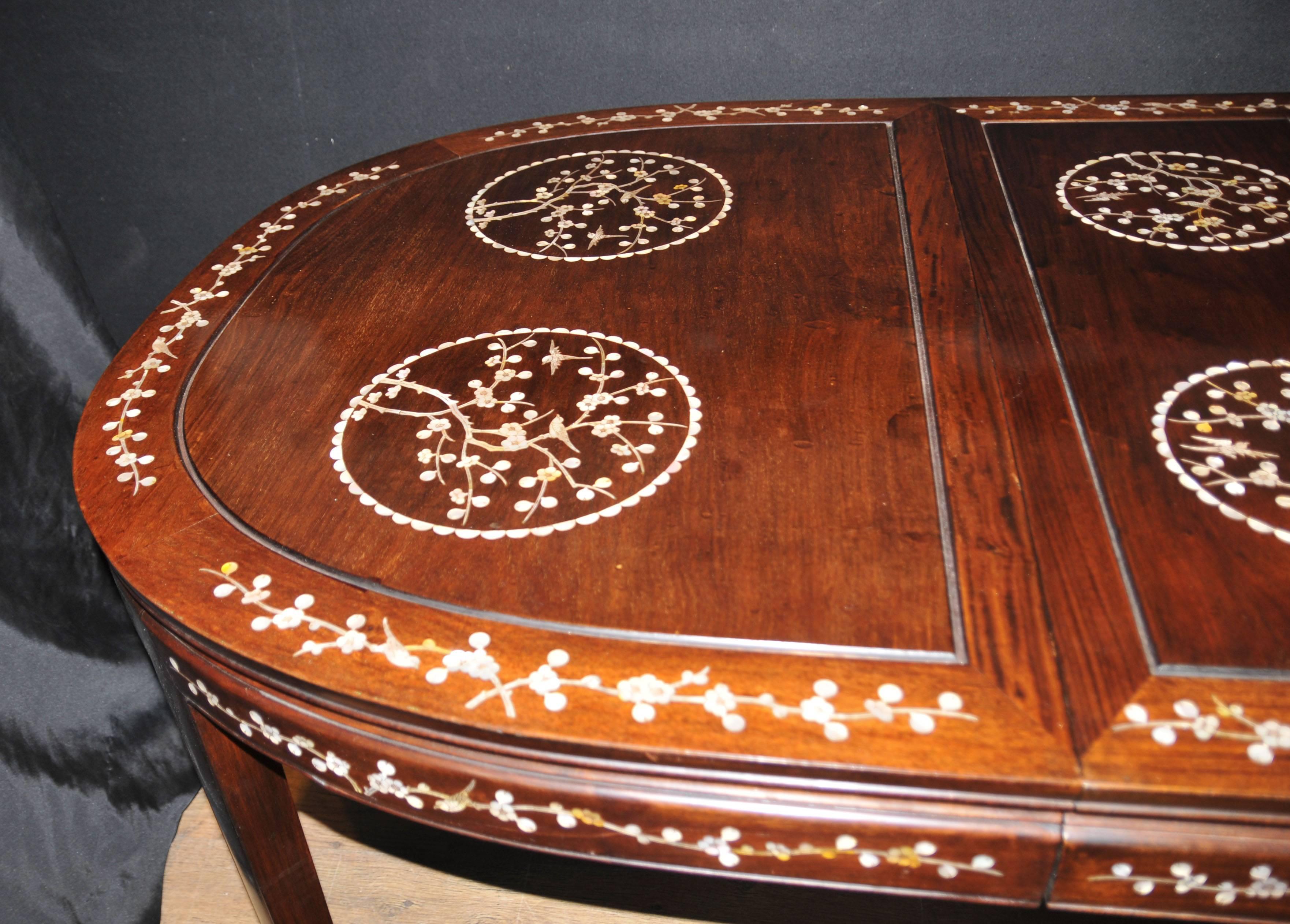 Antique Chinese Hardwood Dining Set Table and Eight Chairs Mother-of-Pearl Inlay 2