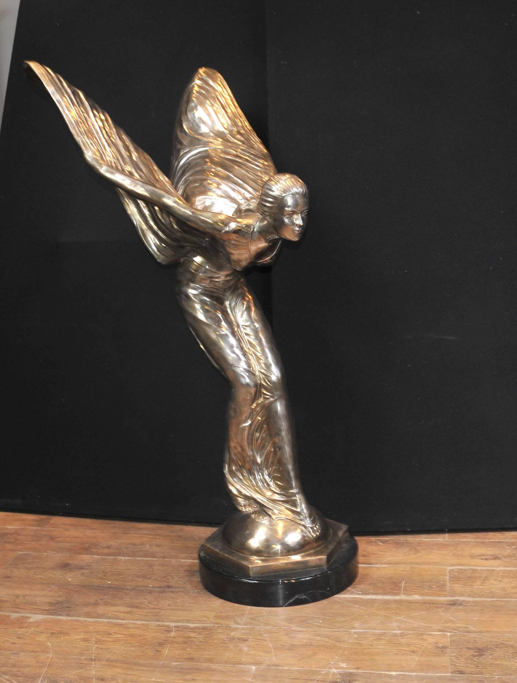 Come view this gorgeous Flying Lady / Spirit Ecstacy in our Hertfordshire warehouse.
Wonderful art nouveau style bronze casting of the famous Rolls Royce car statue by Charles Sykes.
This is a later recast from the original and stands in at nearly