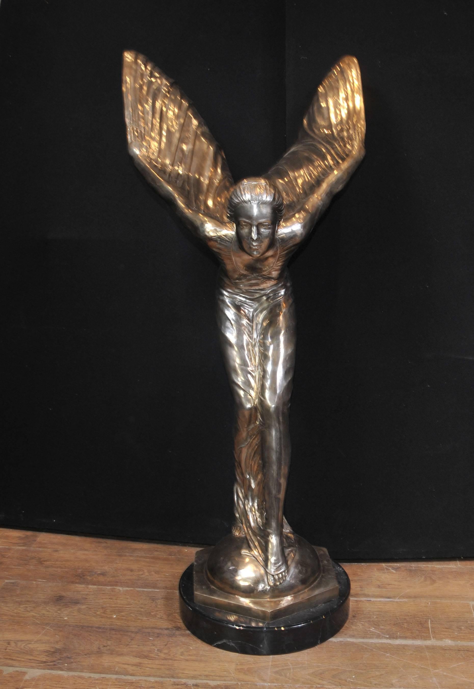 Extra Large Silver Bronze Flying Lady Art Nouveau Statue Charles Sykes In Good Condition For Sale In Potters Bar, Herts