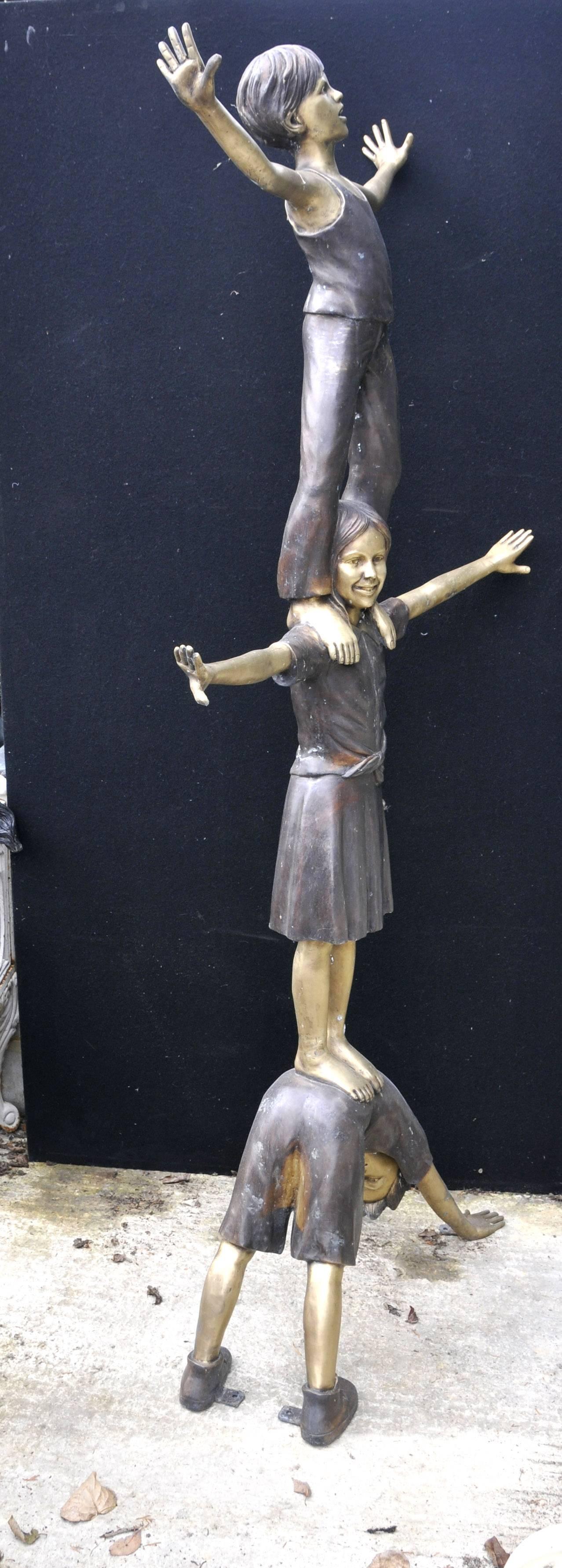 Extra Large Lifesize Bronze Statue Three Children Acrobatics Garden Sculpture 1