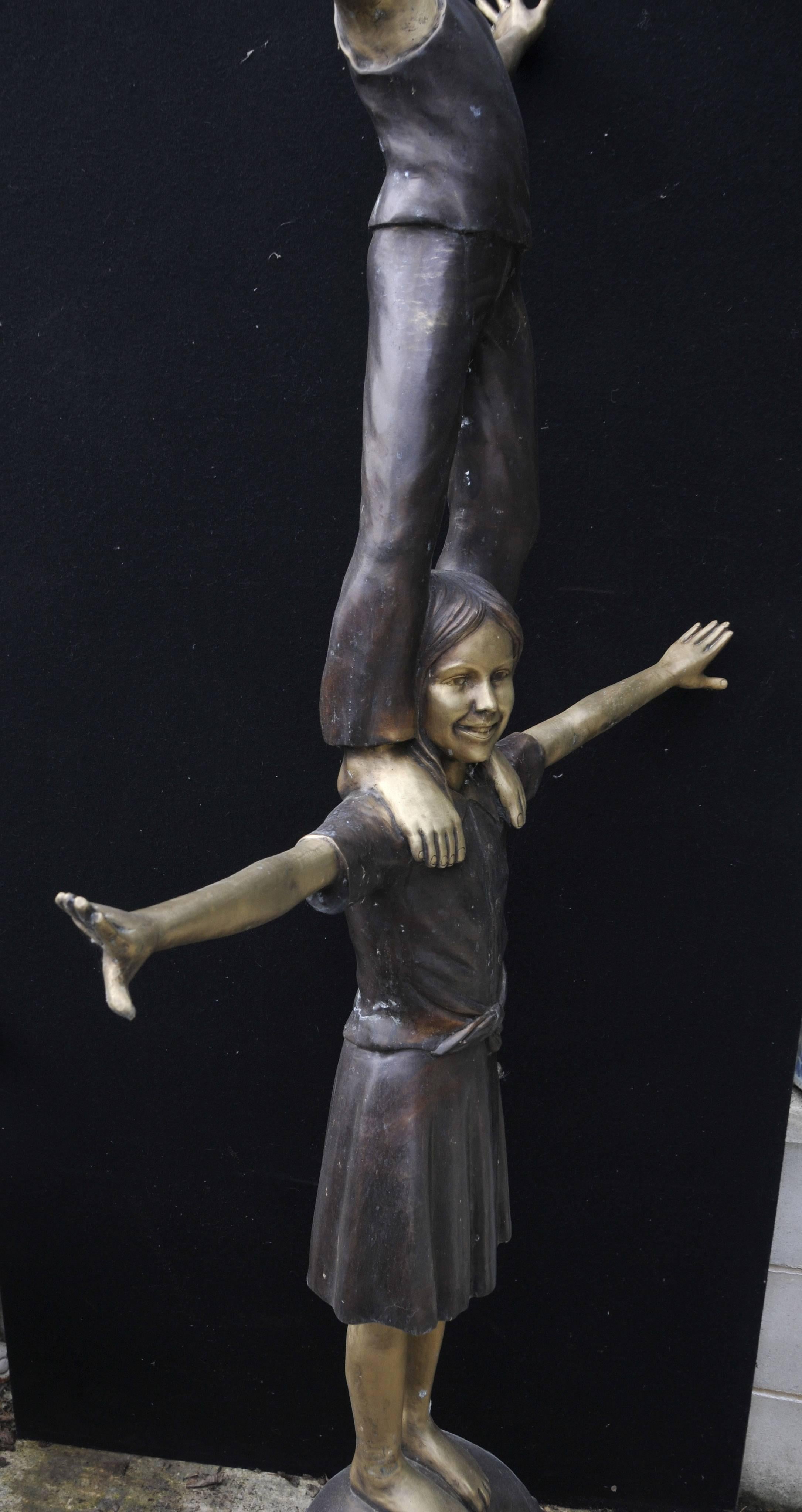 Extra Large Lifesize Bronze Statue Three Children Acrobatics Garden Sculpture In Good Condition In Potters Bar, Herts