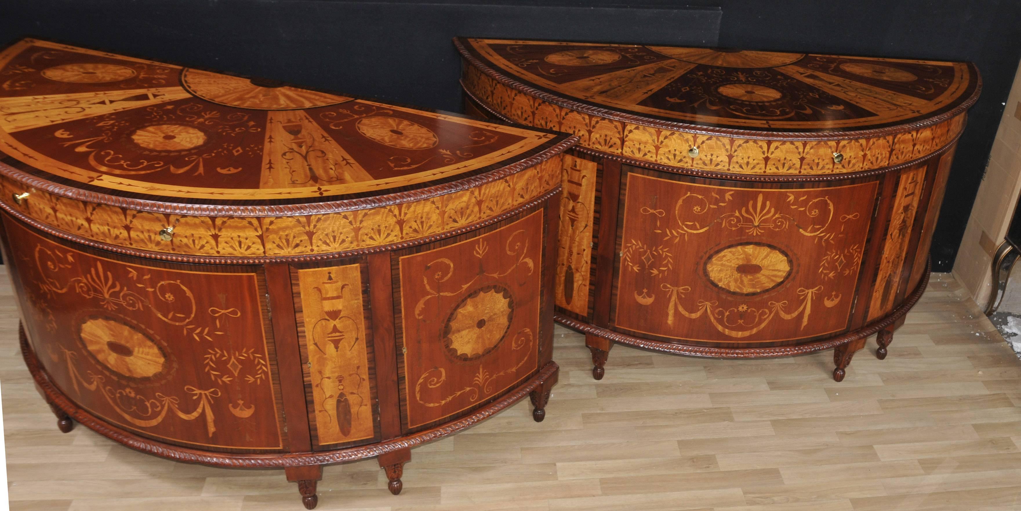 Pair of Regency Style Inlaid Commodes Demilune Cabinets Marquetry Inlay In Good Condition For Sale In Potters Bar, Herts