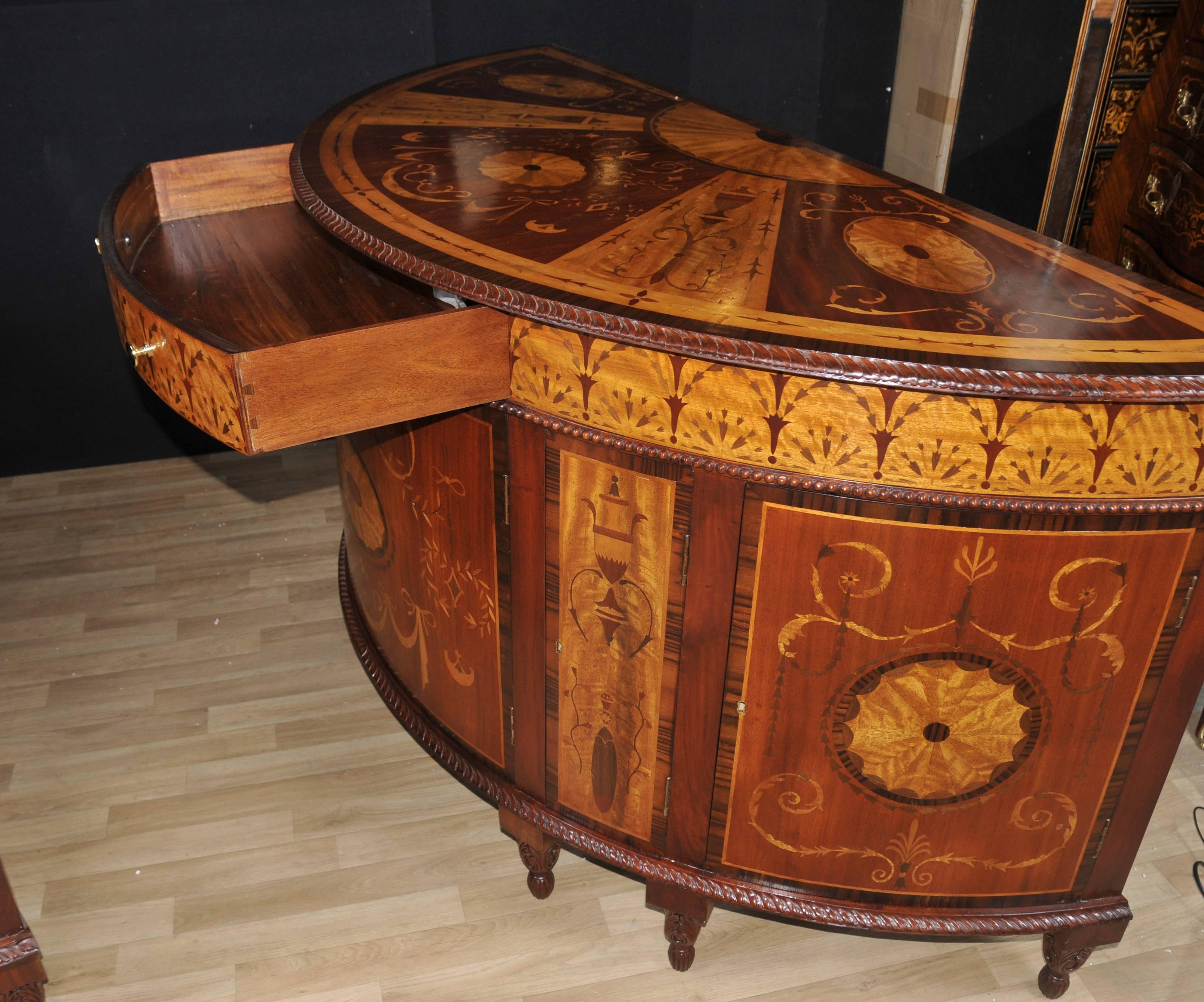 Pair of Regency Style Inlaid Commodes Demilune Cabinets Marquetry Inlay For Sale 4