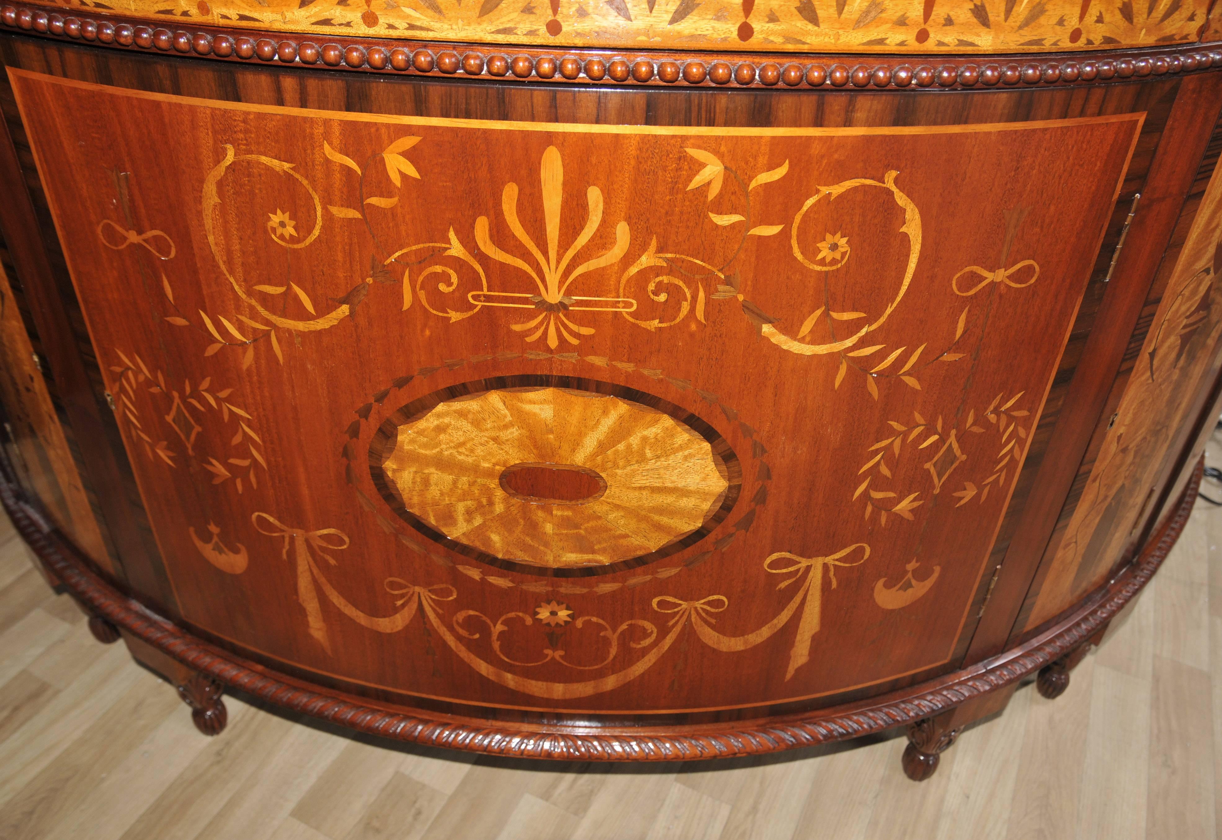 Pair of Regency Style Inlaid Commodes Demilune Cabinets Marquetry Inlay For Sale 5
