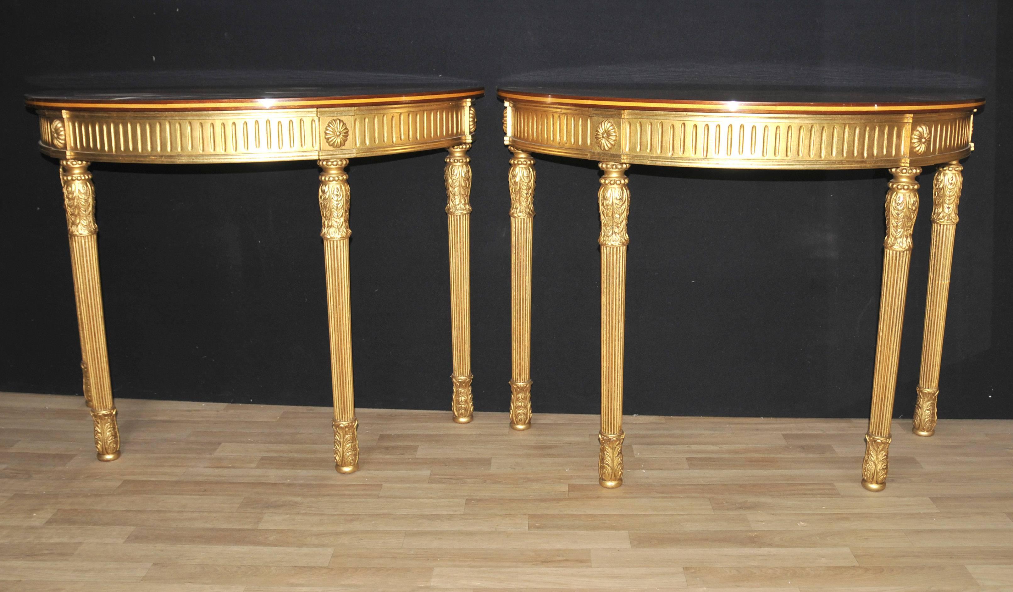 Adam Style Pair of Adams Regency Style Console Tables Demilune Marquetry Inlay Tops For Sale