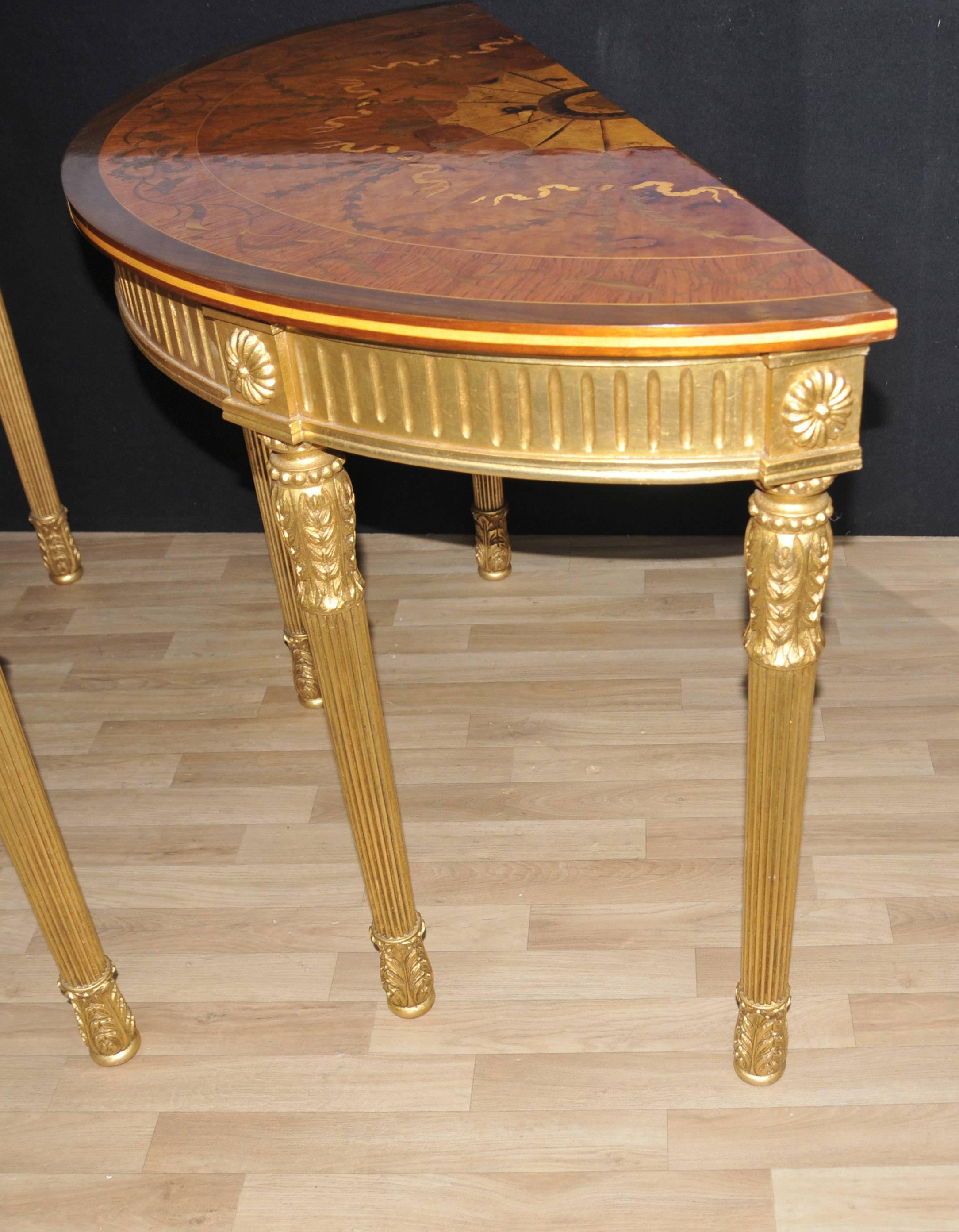 Pair of Adams Regency Style Console Tables Demilune Marquetry Inlay Tops In Good Condition For Sale In Potters Bar, Herts