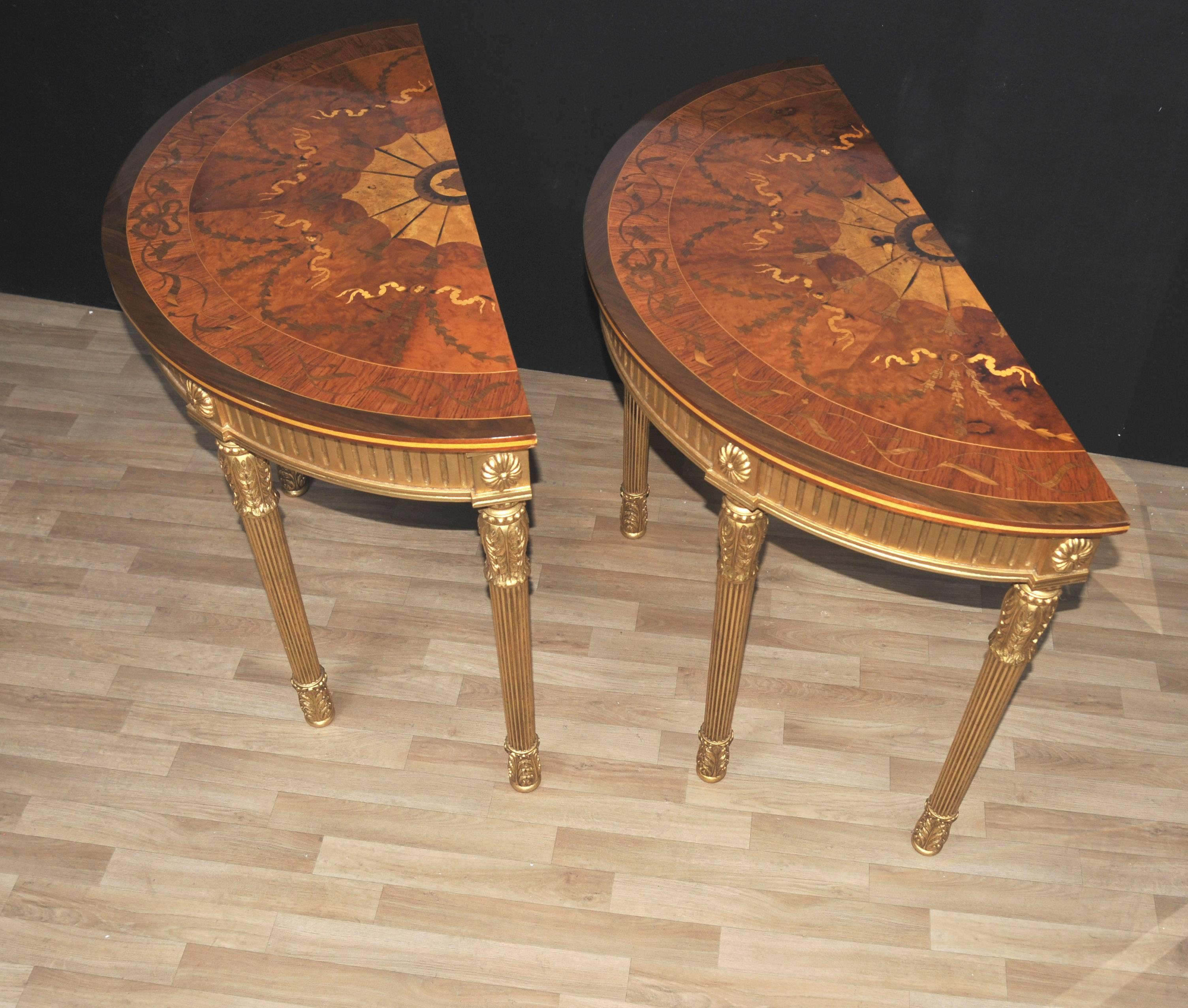 Contemporary Pair of Adams Regency Style Console Tables Demilune Marquetry Inlay Tops For Sale