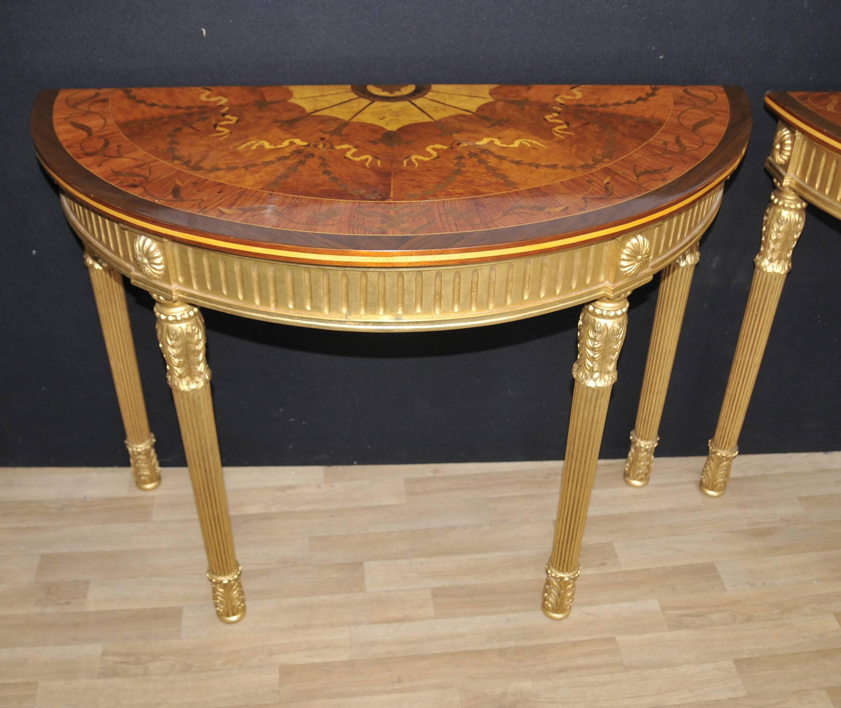 Pair of Adams Regency Style Console Tables Demilune Marquetry Inlay Tops For Sale 2