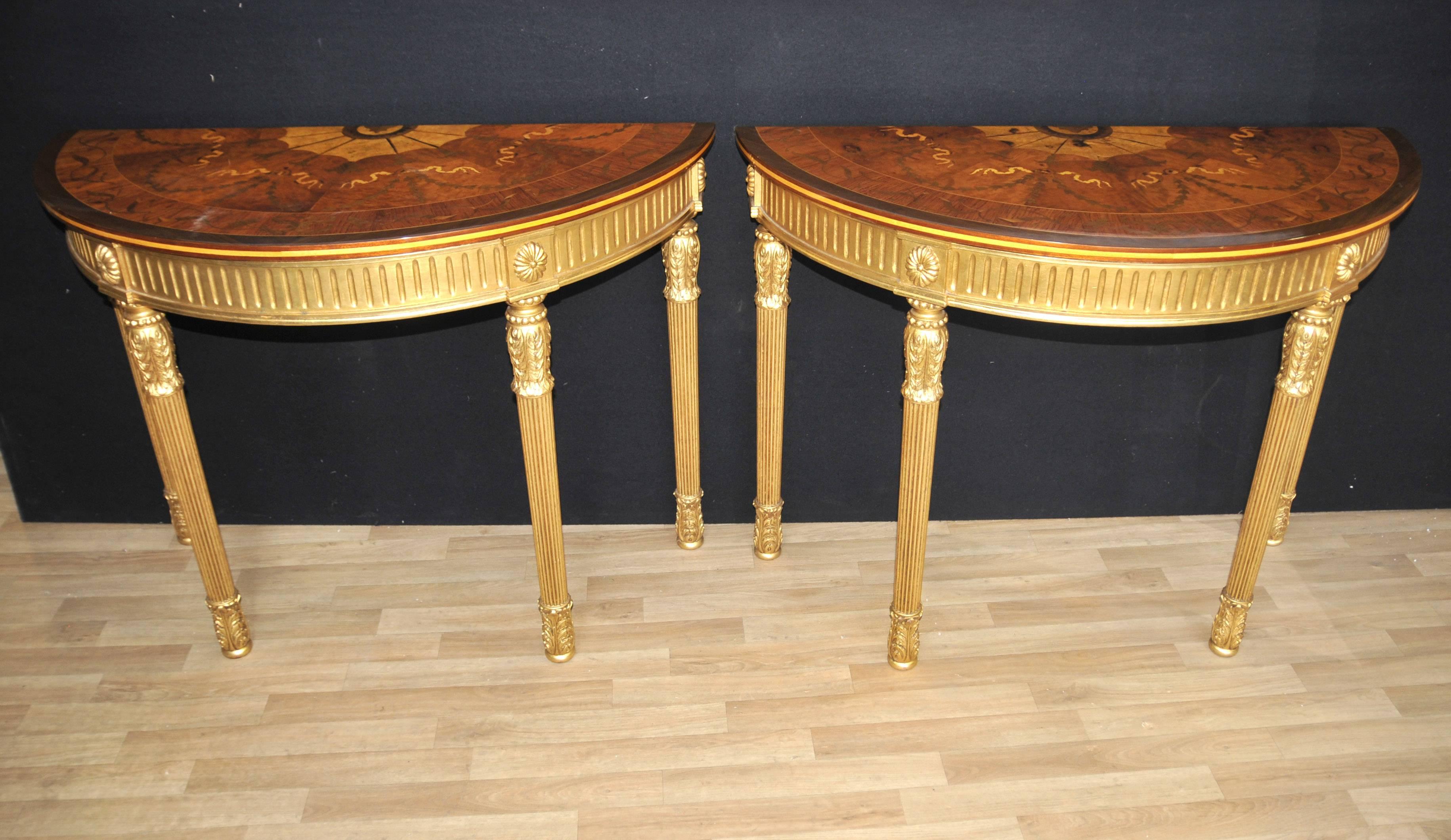 Pair of Adams Regency Style Console Tables Demilune Marquetry Inlay Tops For Sale 4