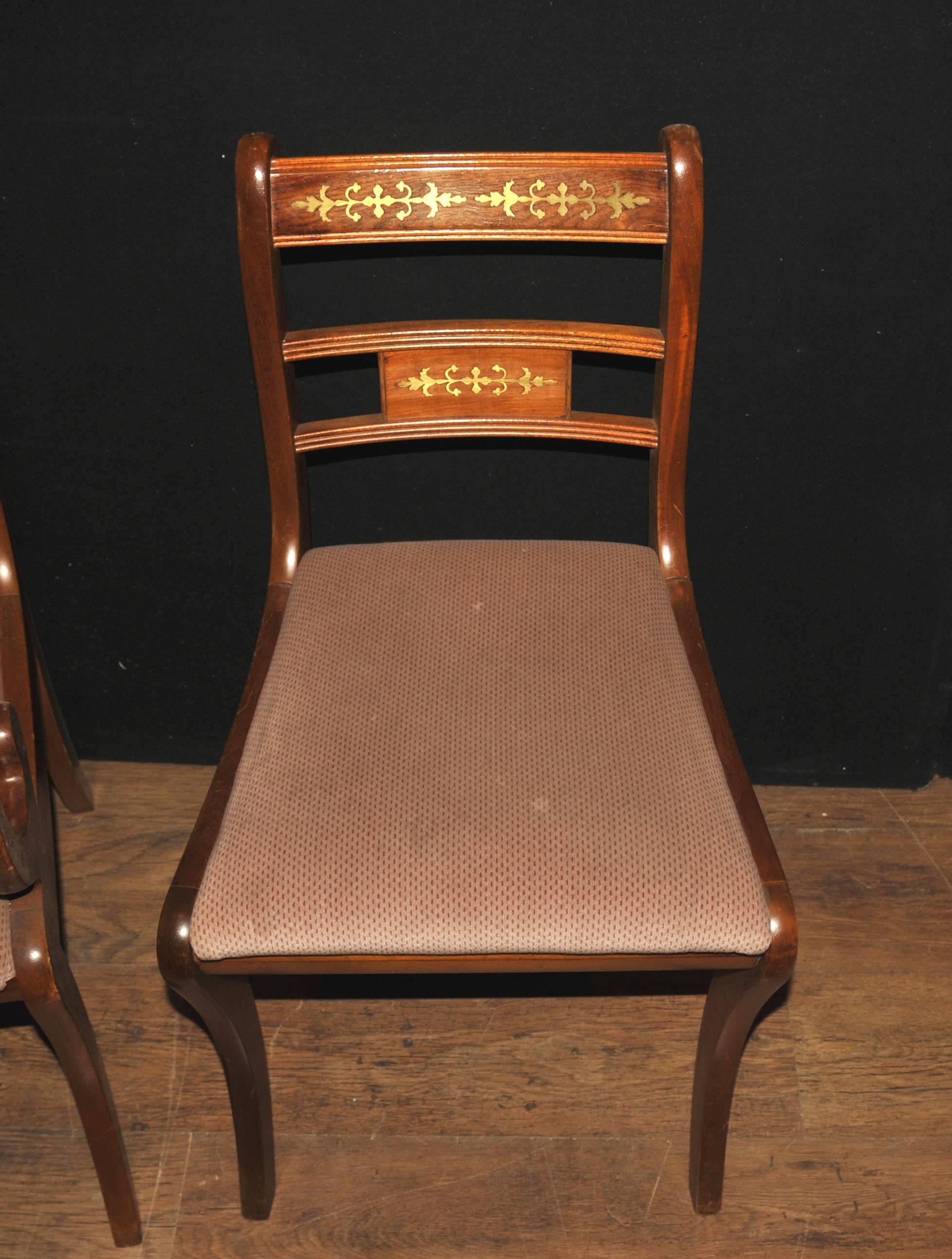 Early 20th Century Set Eight Walnut Antique Regency Dining Chairs Brass Inlay For Sale