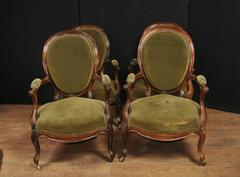 Set of Four French Antique Armchairs Regency Walnut Fauteuils, 1880