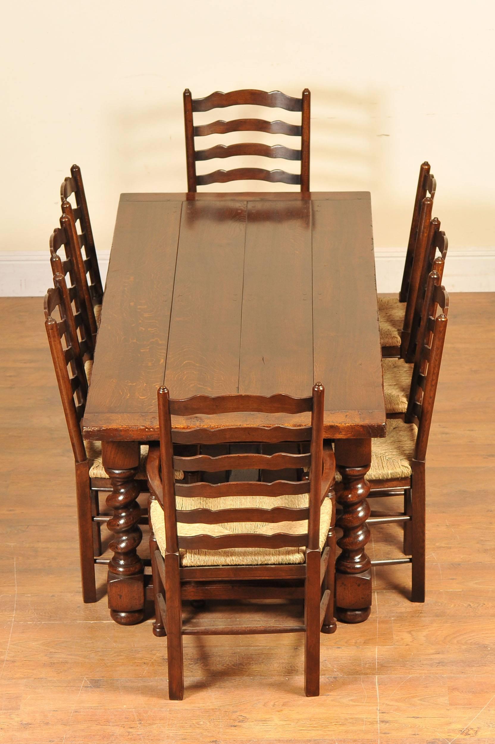 Come view this for yourself in our Hertfordshire showroom:
- Stunning farmhouse refectory table with barley twist legs and a matching set of eight oak ladderback chairs
- If you are looking for the ultimate farmhouse dining set then here it is
-
