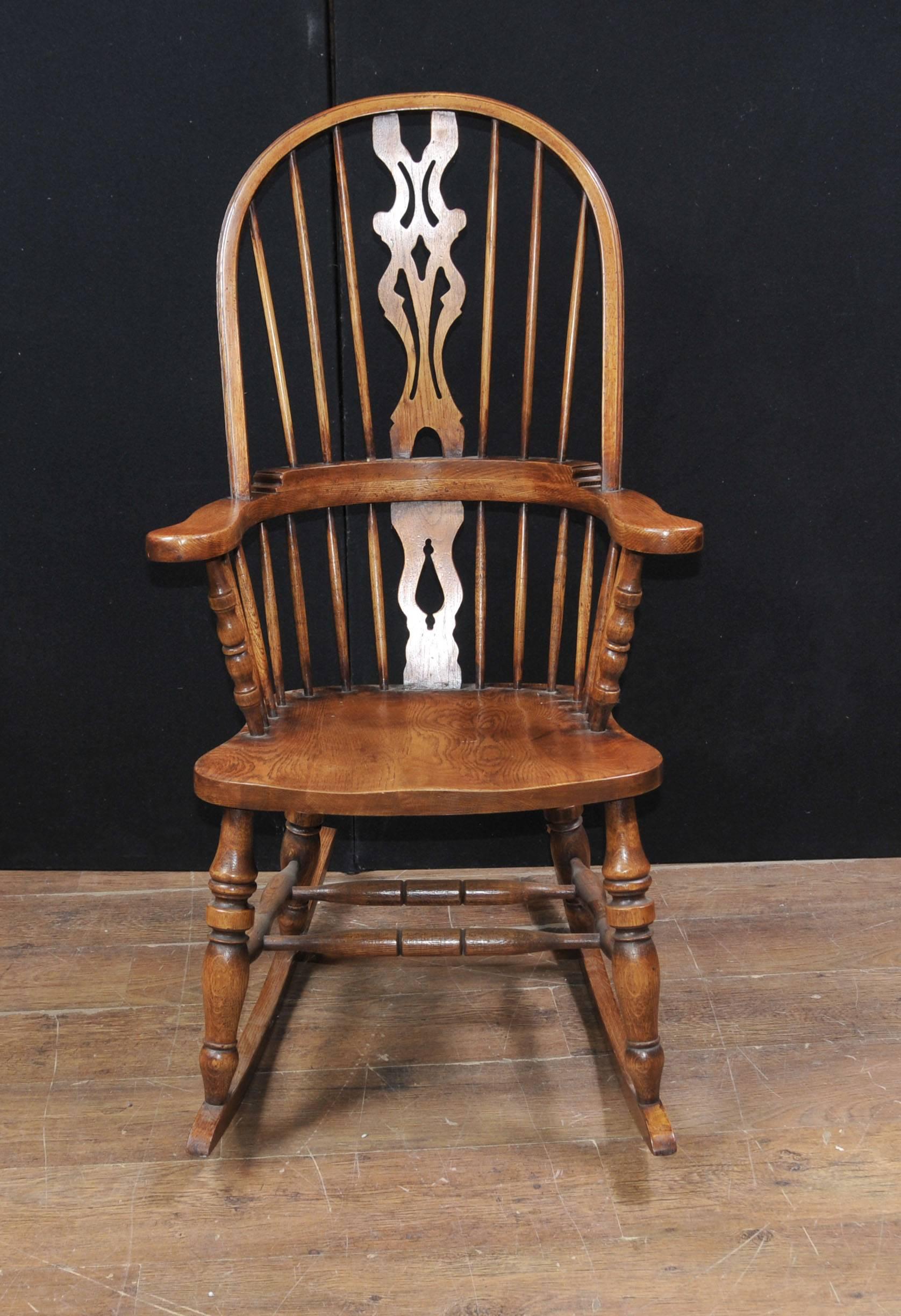 Contemporary Hand-Carved English Windsor Rocking Chair Farmhouse Chairs For Sale