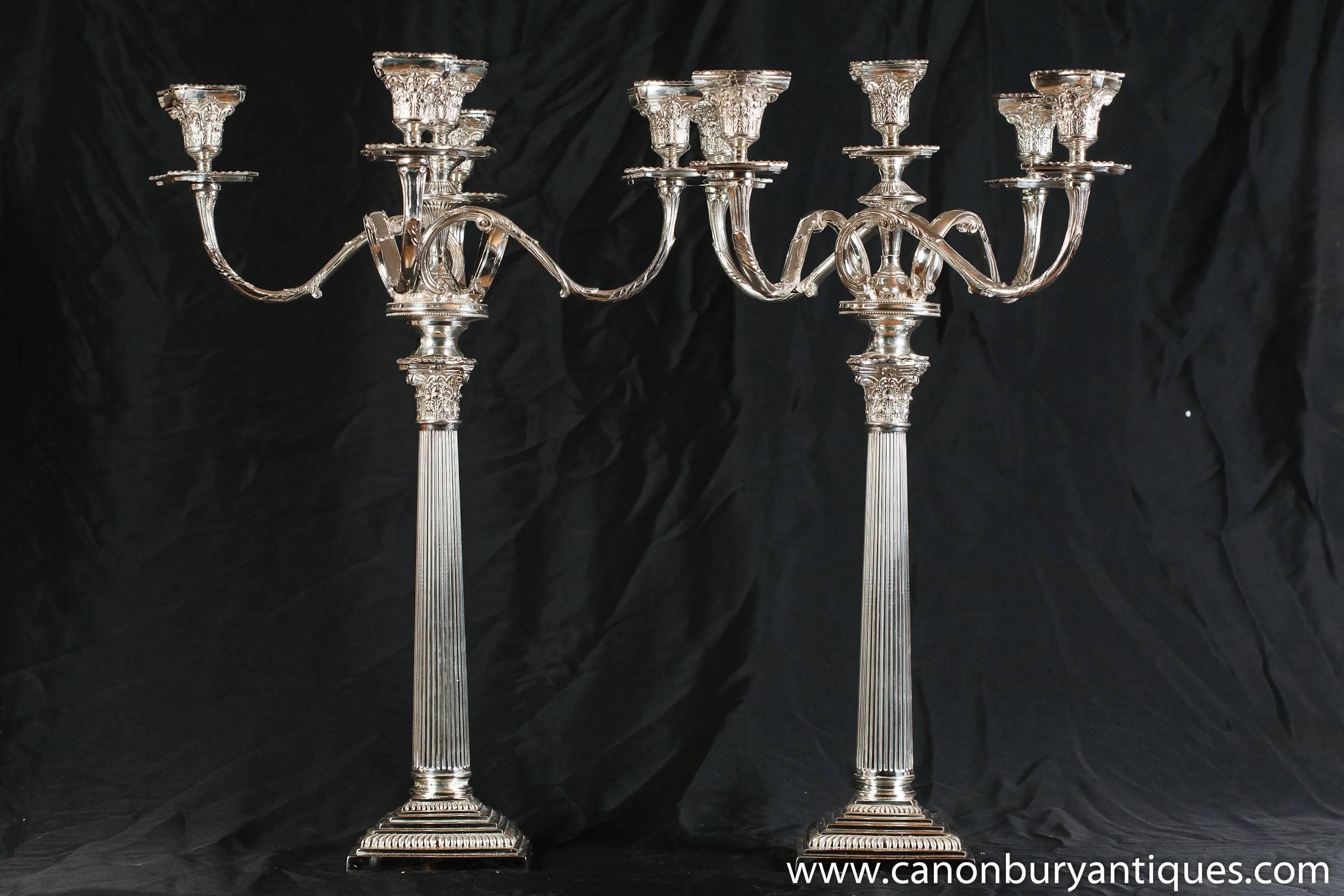 Regency Style Silver Plate Candelabras Doric Column Candles In Good Condition For Sale In Potters Bar, Herts